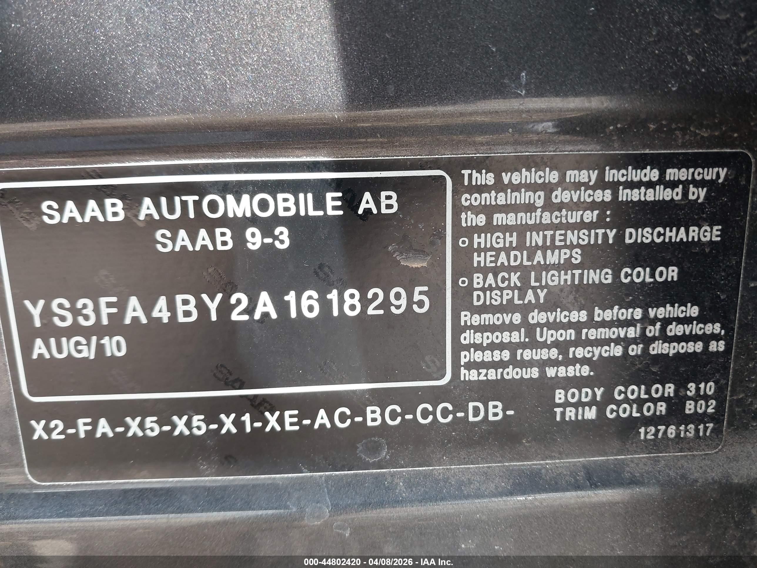 2010 Saab 9-3   Серый vin: YS3FA4BY2A1618295