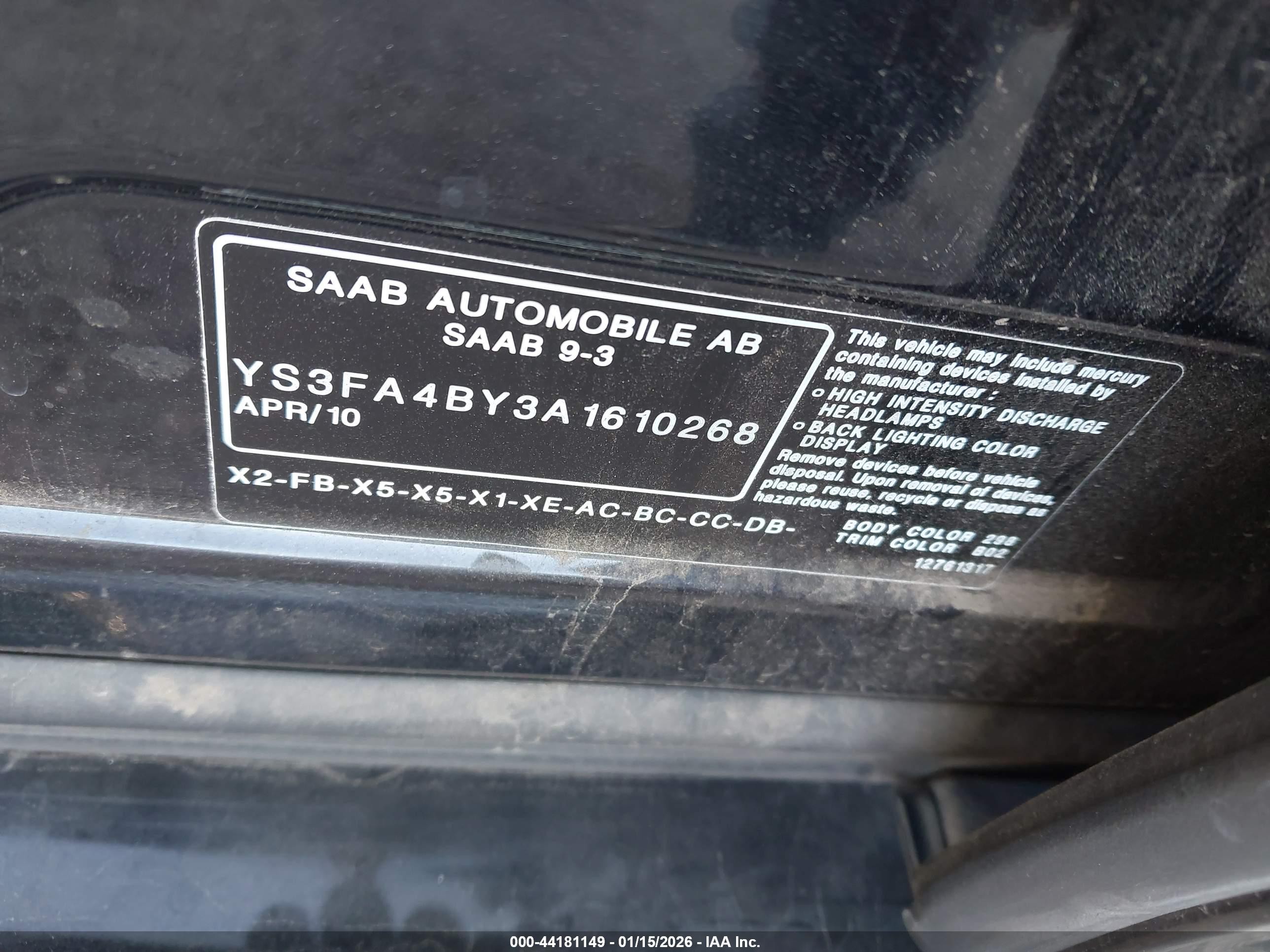 2010 Saab 9-3   Black vin: YS3FA4BY3A1610268