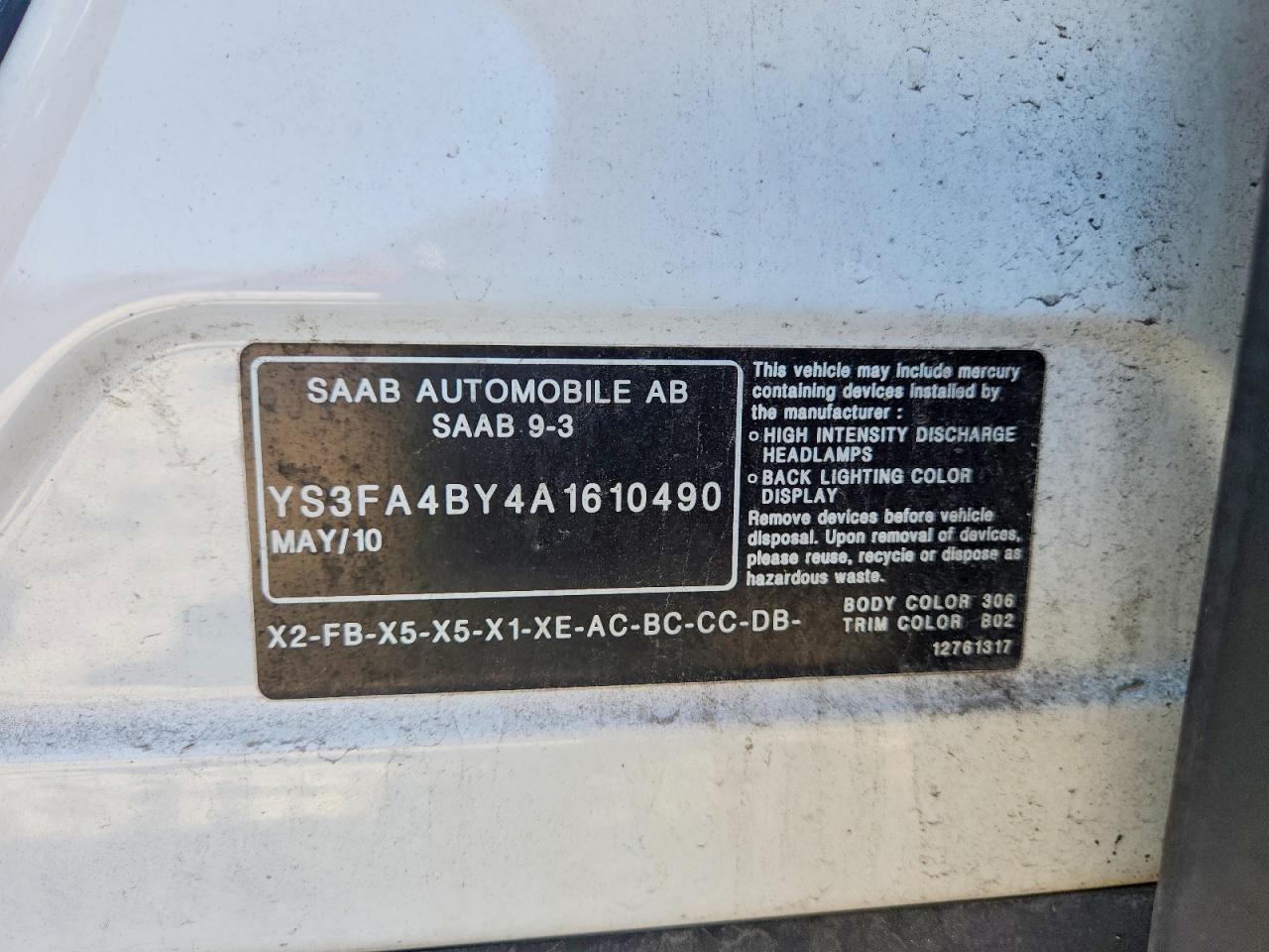 2010 Saab 9-3 2.0t White vin: YS3FA4BY4A1610490