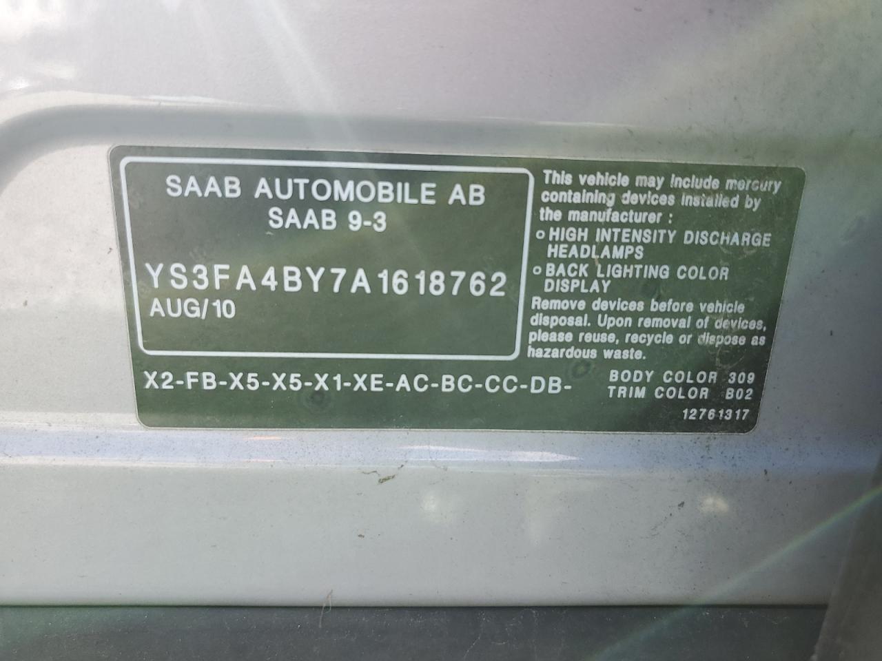 2010 Saab 9-3 2.0t Silver vin: YS3FA4BY7A1618762