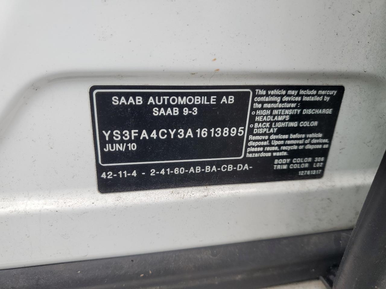 2010 Saab 9-3 2.0t White vin: YS3FA4CY3A1613895