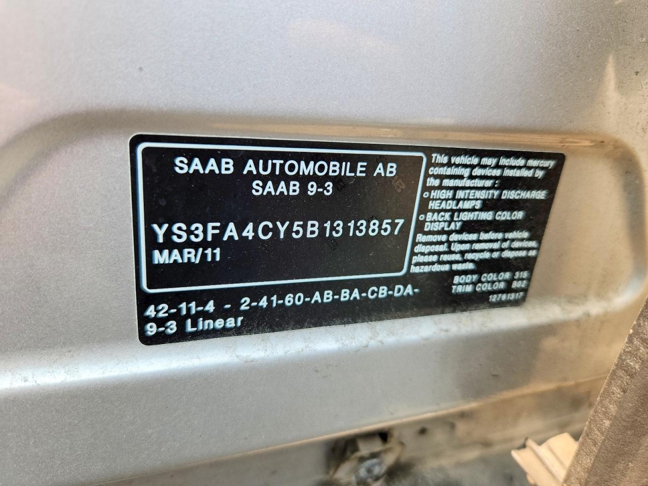 2011 Saab 9-3 2.0t Серебряный vin: YS3FA4CY5B1313857
