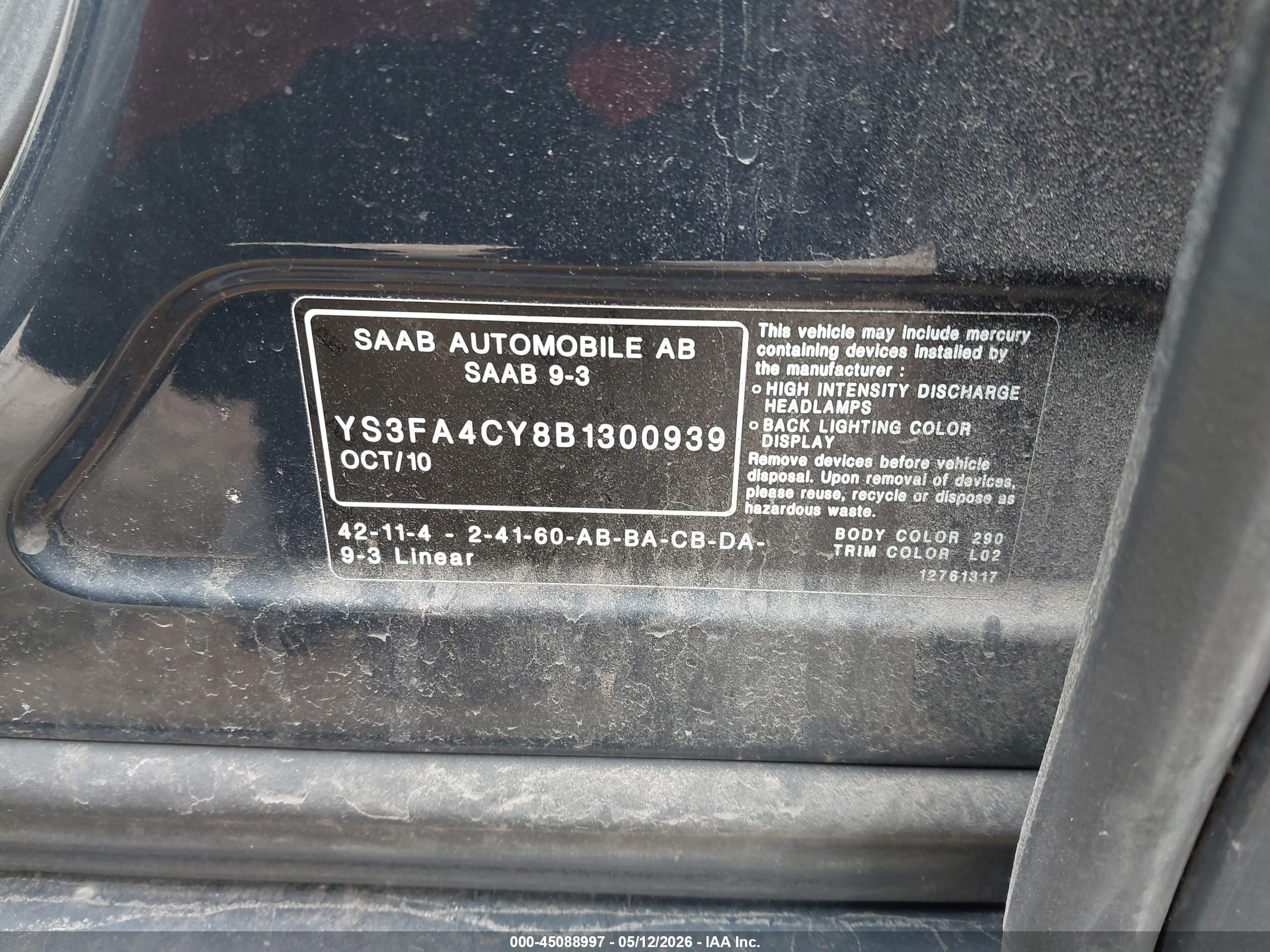 2011 Saab 9-3   Blue vin: YS3FA4CY8B1300939