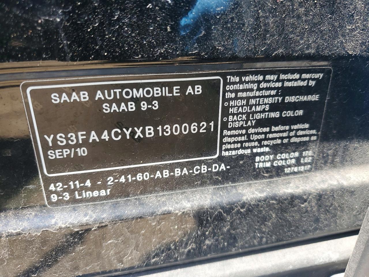 2011 Saab 9-3 Black vin: YS3FA4CYXB1300621