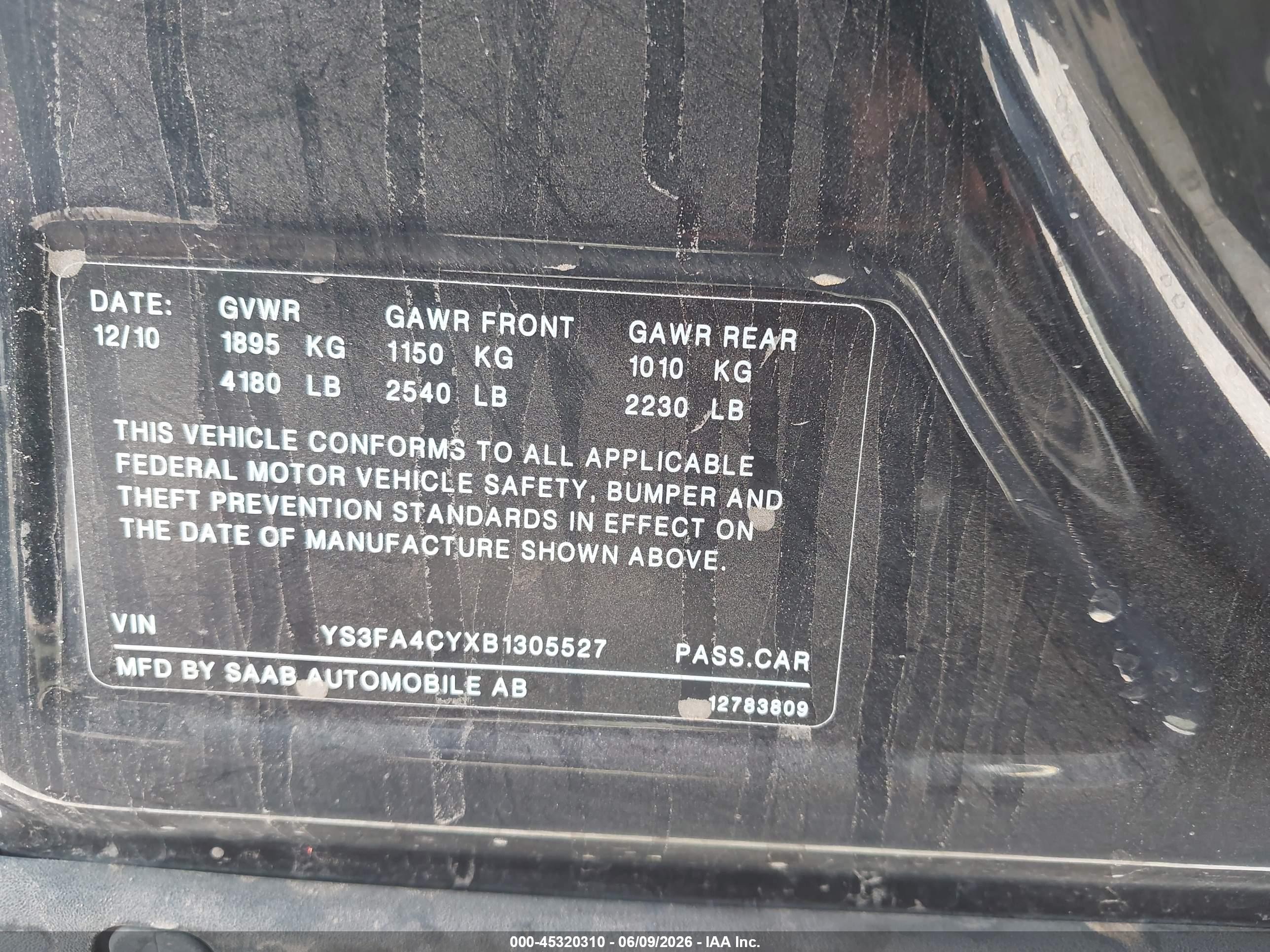 2011 Saab 9-3   Black vin: YS3FA4CYXB1305527