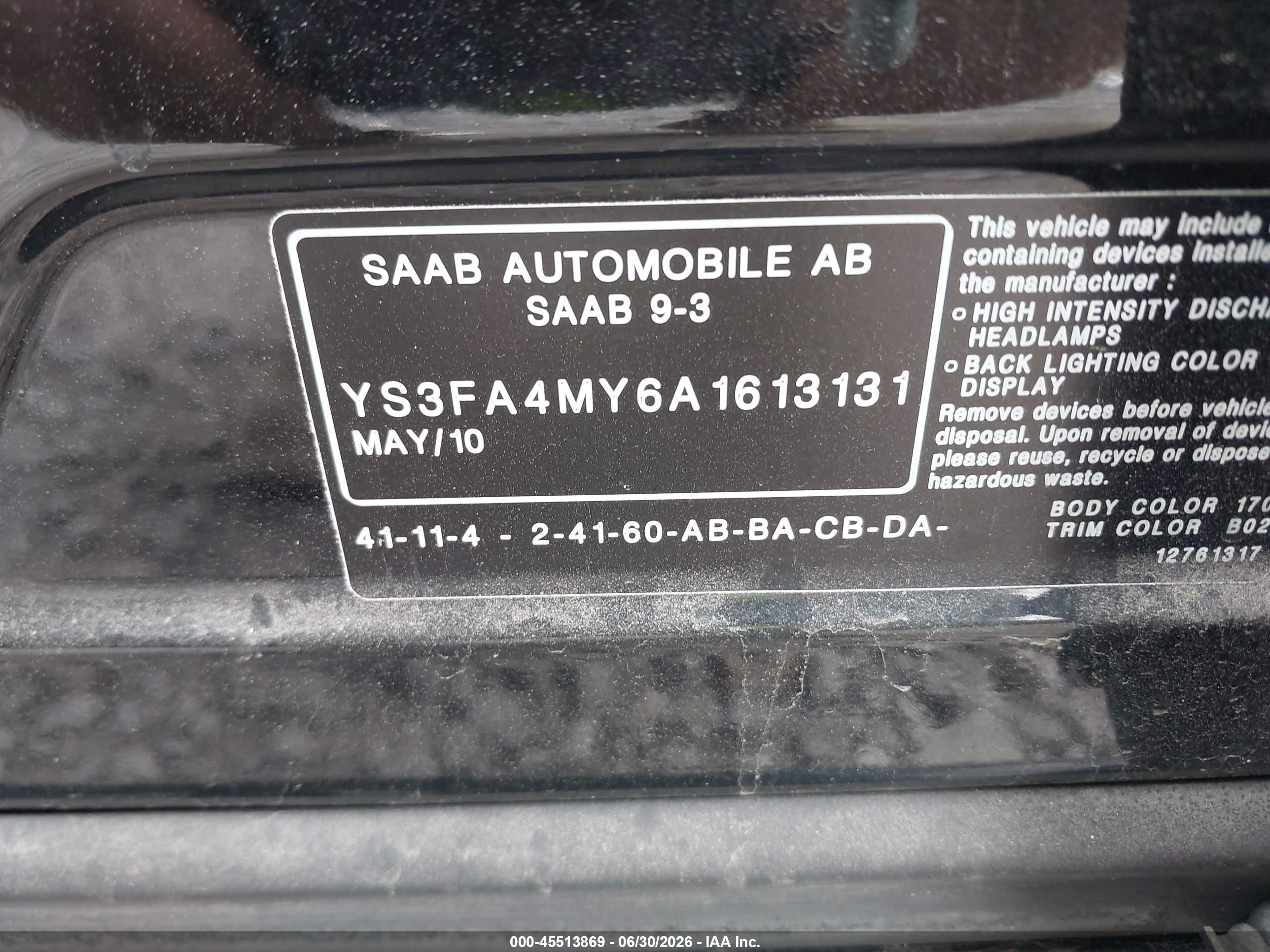 2010 Saab 9-3   Black vin: YS3FA4MY6A1613131