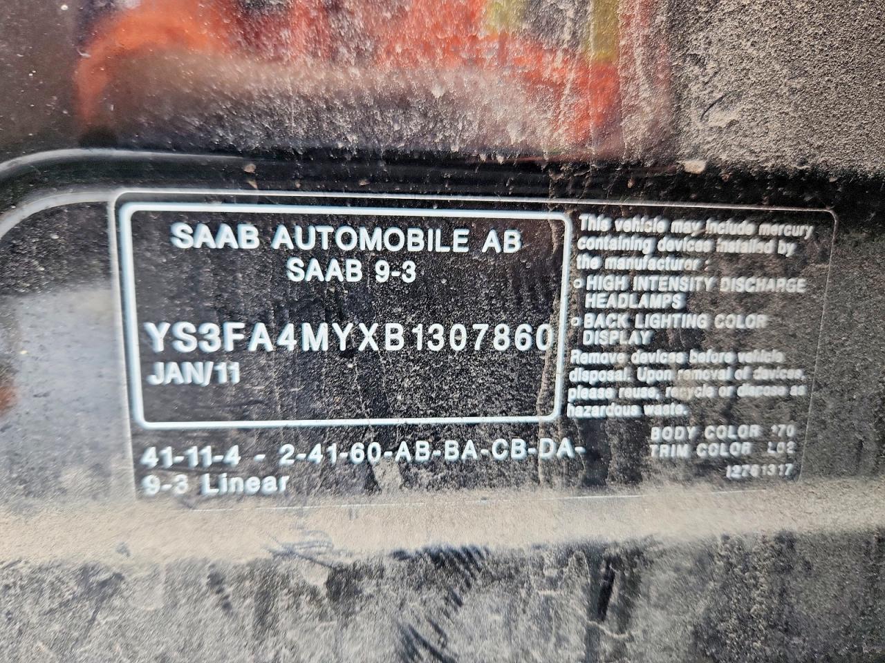 2011 Saab 9-3 2.0t Черный vin: YS3FA4MYXB1307860