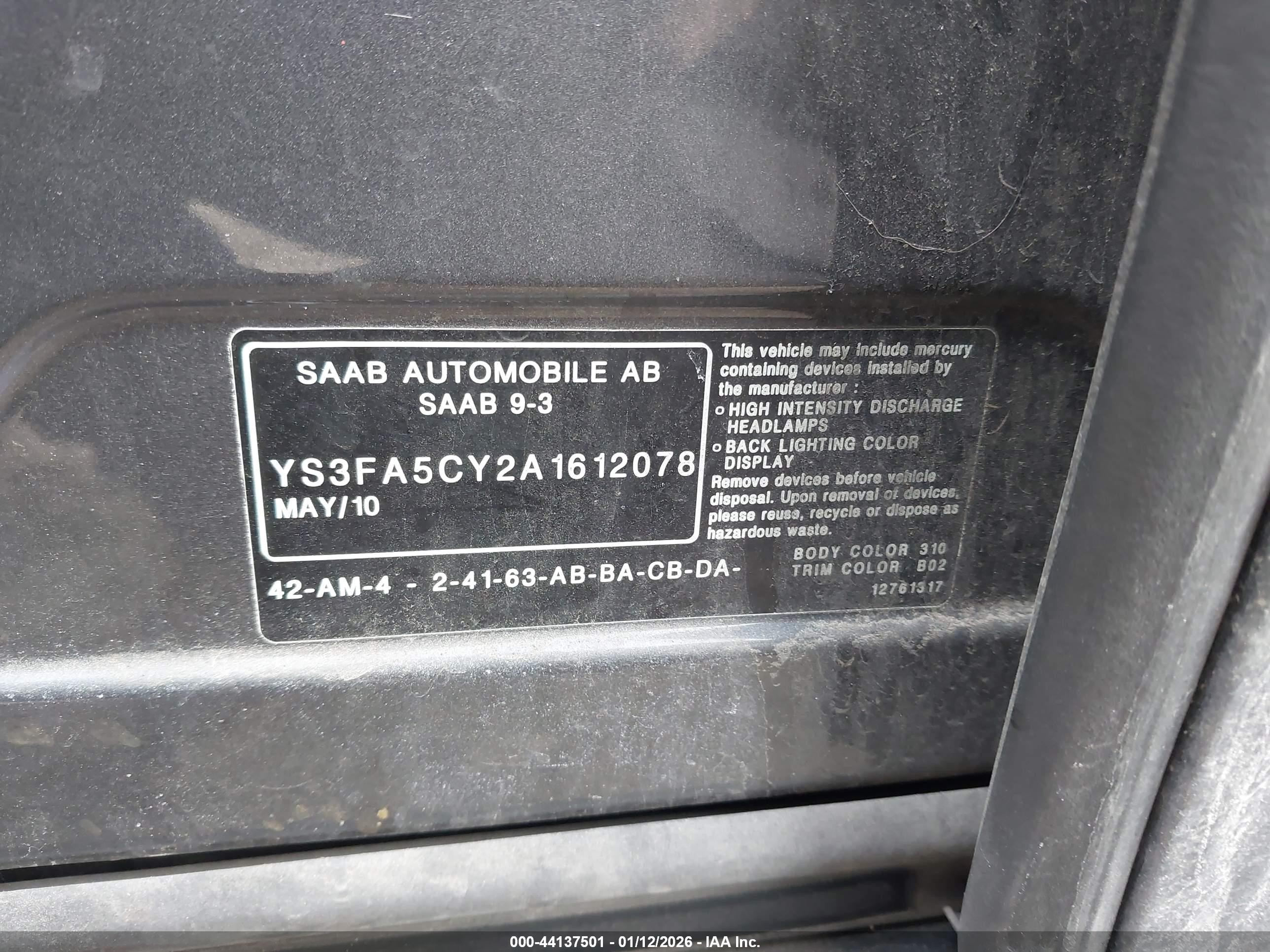 2010 Saab 9-3   Серый vin: YS3FA5CY2A1612078
