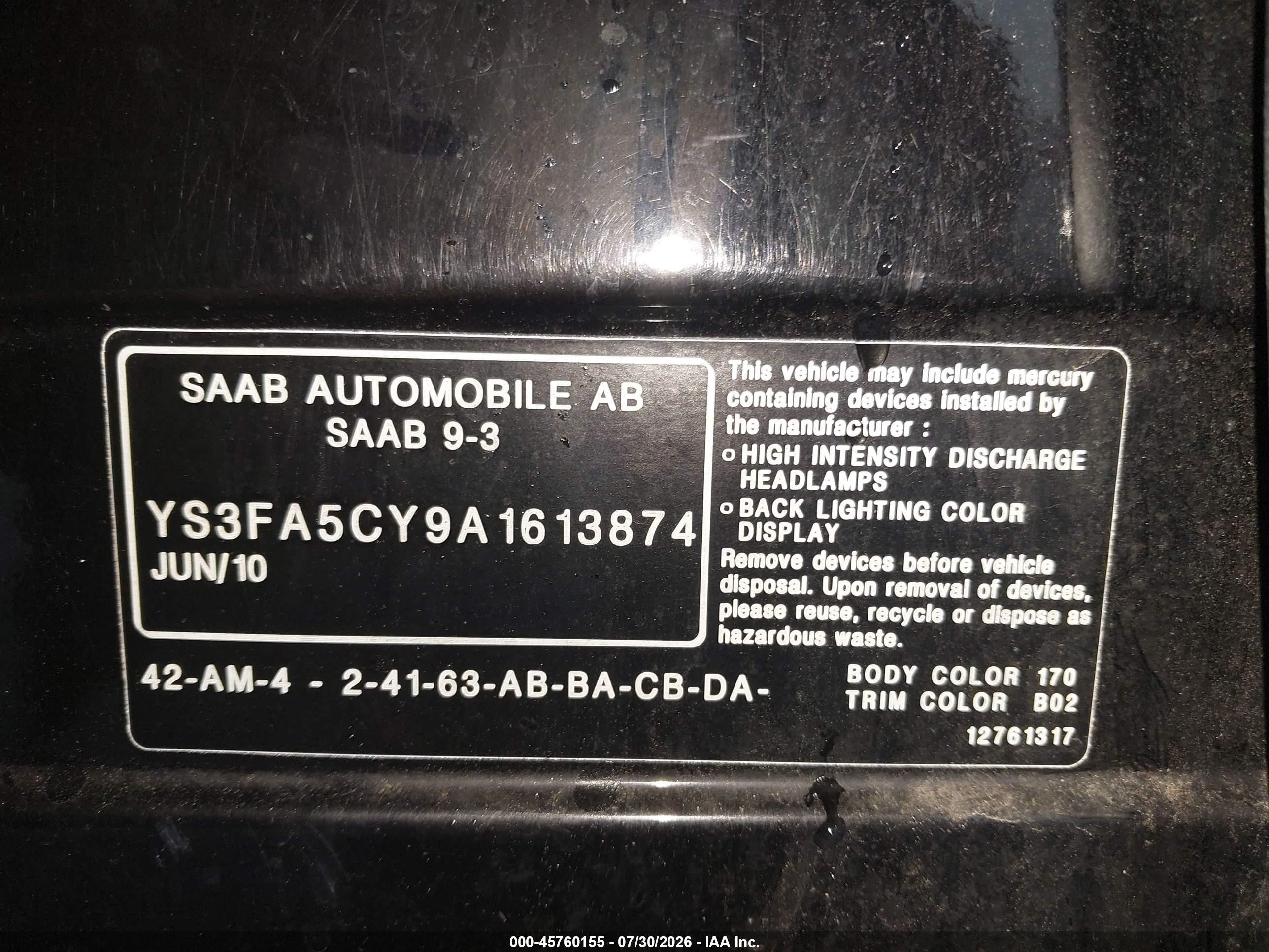 2010 Saab 9-3   Черный vin: YS3FA5CY9A1613874
