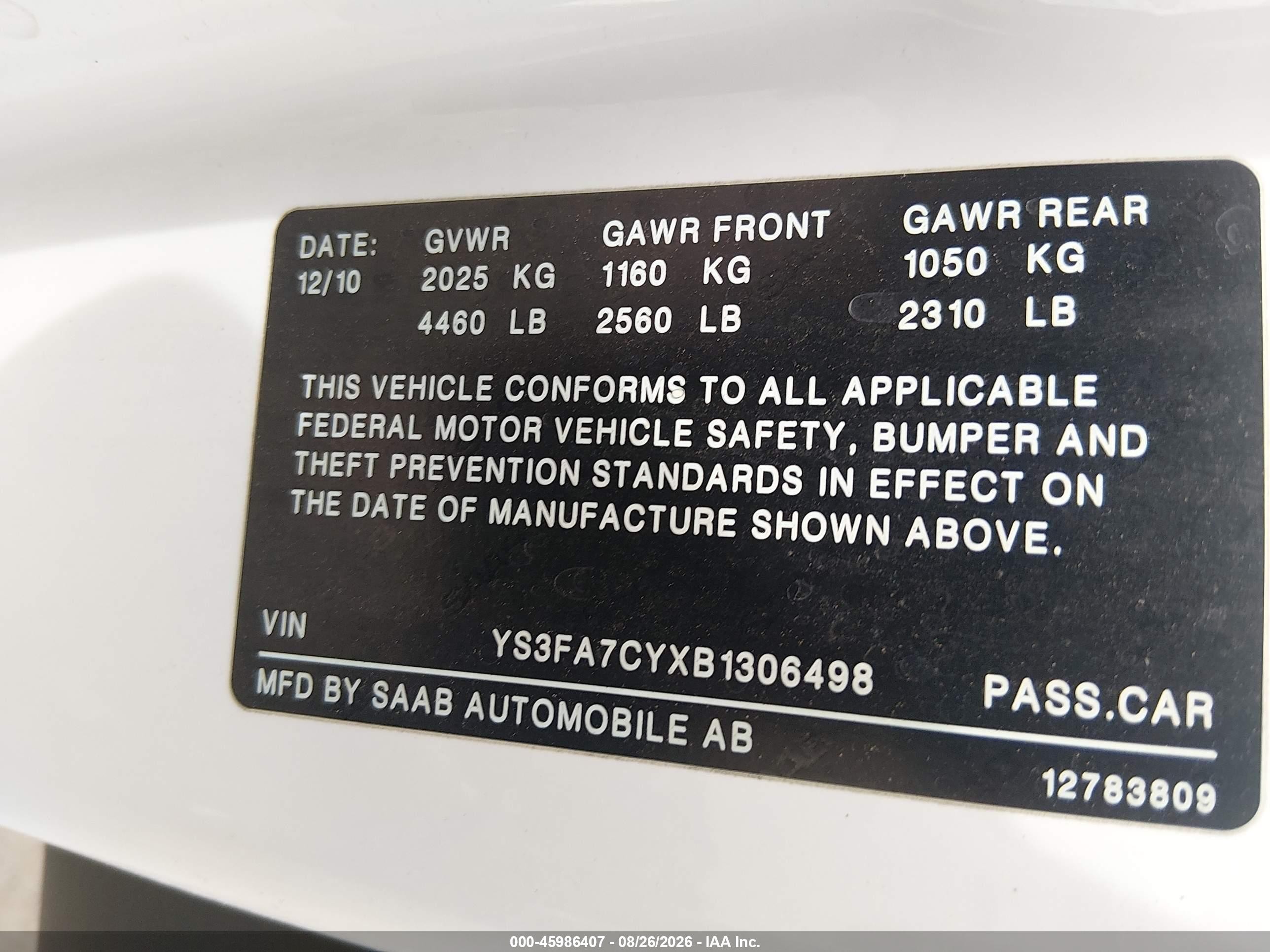 2011 Saab 9-3 Turbo4 Белый vin: YS3FA7CYXB1306498