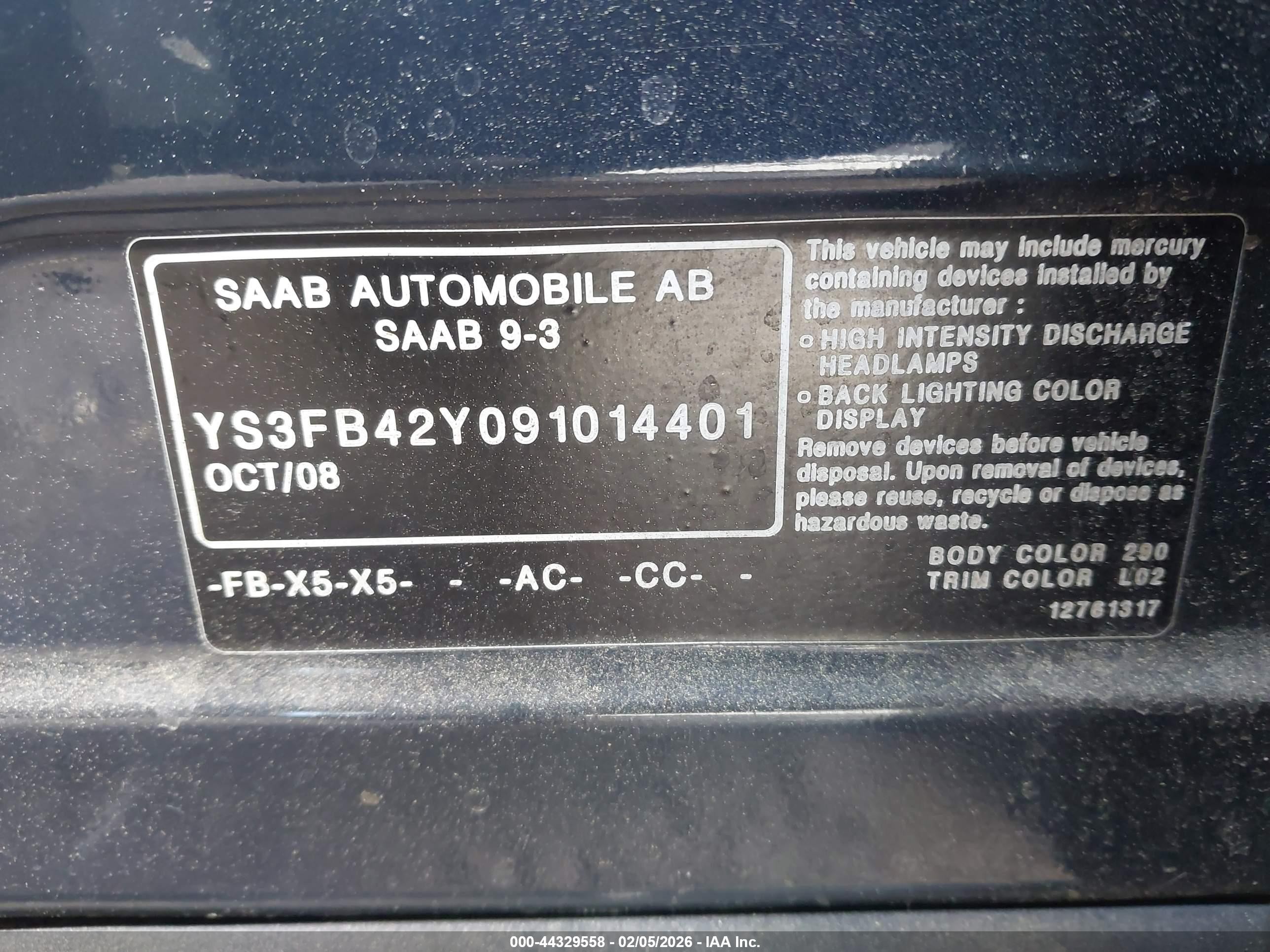 2009 Saab 9-3 2.0t Blue vin: YS3FB42Y091014401