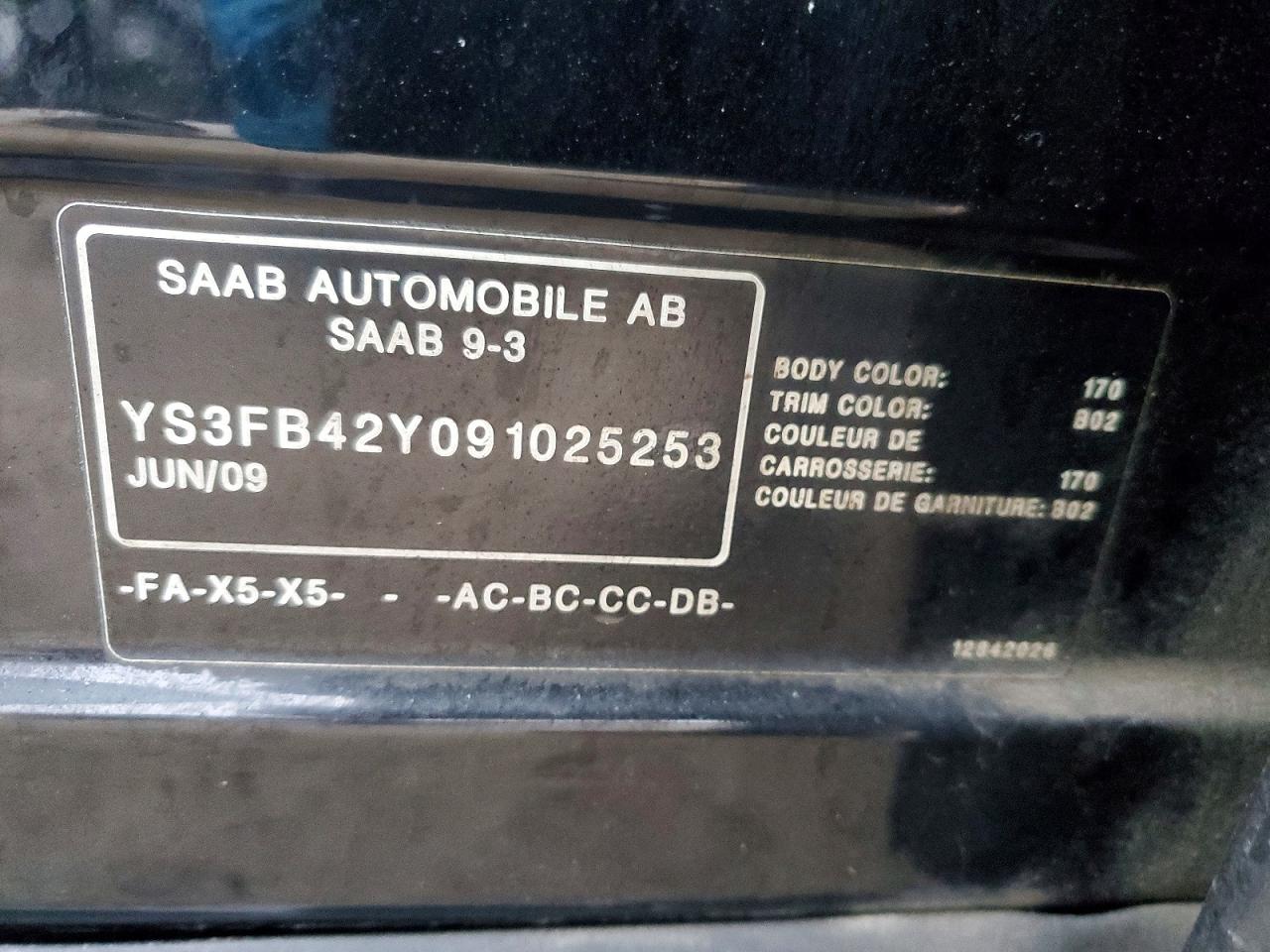2009 Saab 9-3 2.0t Черный vin: YS3FB42Y091025253