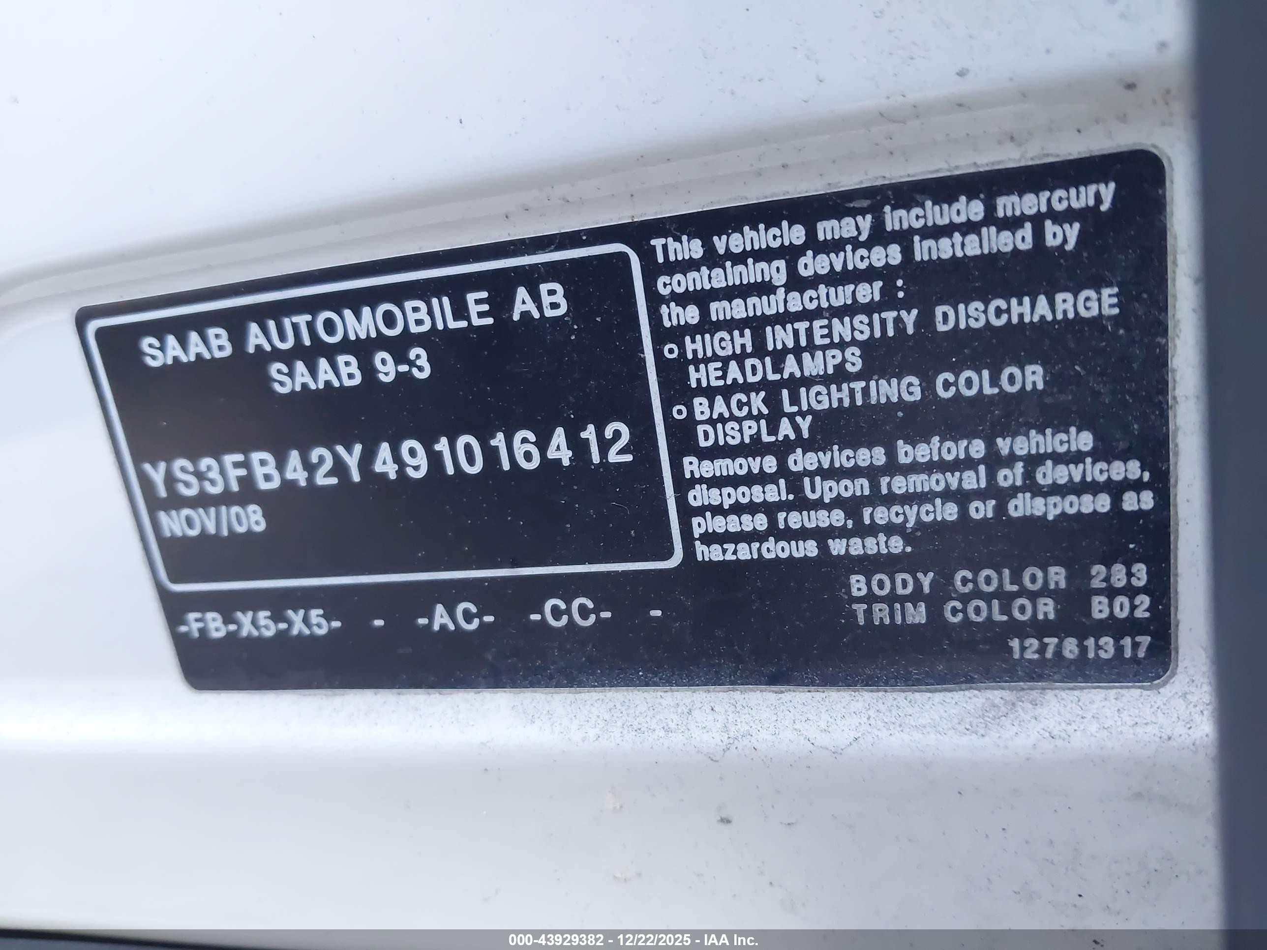2009 Saab 9-3 2.0t White vin: YS3FB42Y491016412