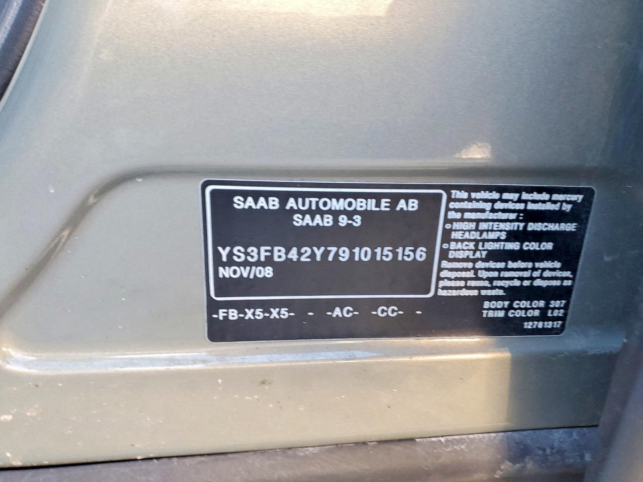 2009 Saab 9-3 2.0t Кремовый vin: YS3FB42Y791015156
