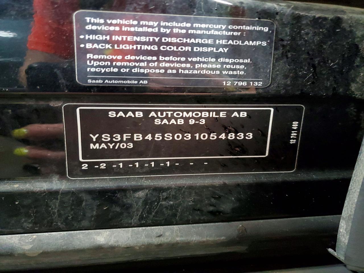 2003 Saab 9-3 Linear Black vin: YS3FB45S031054833