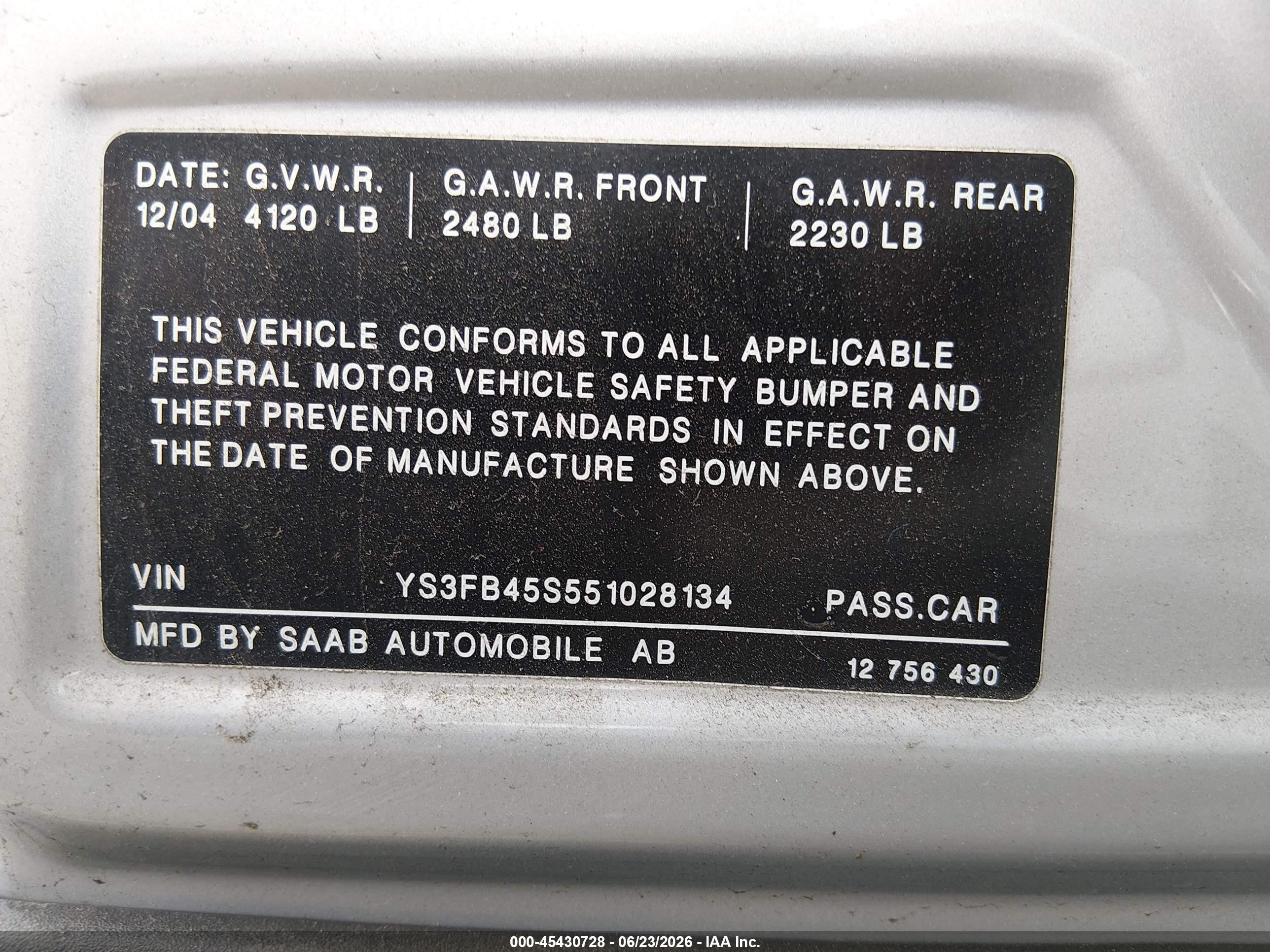 2005 Saab 9-3 Linear Silver vin: YS3FB45S551028134