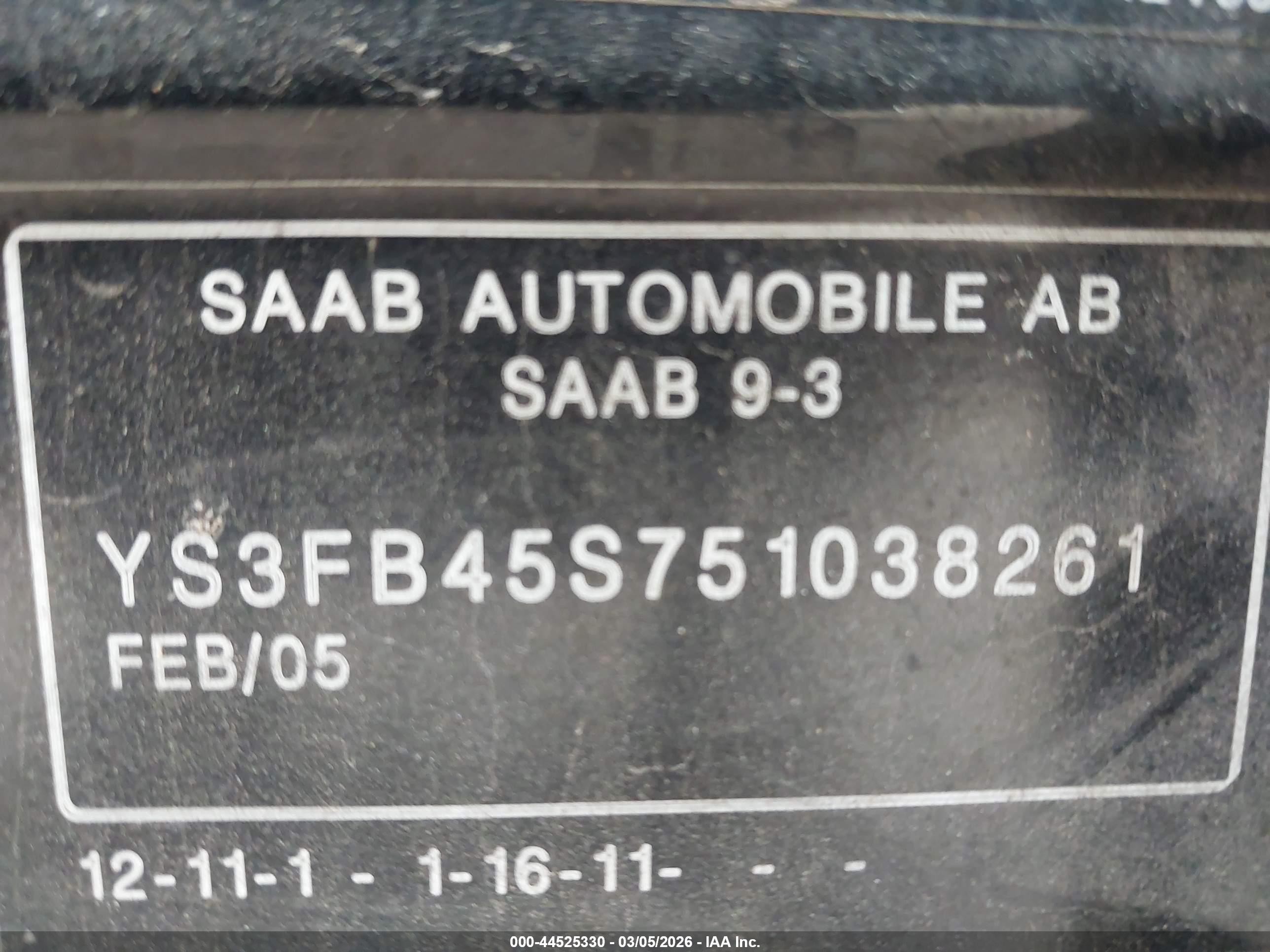 2005 Saab 9-3 Linear Black vin: YS3FB45S751038261