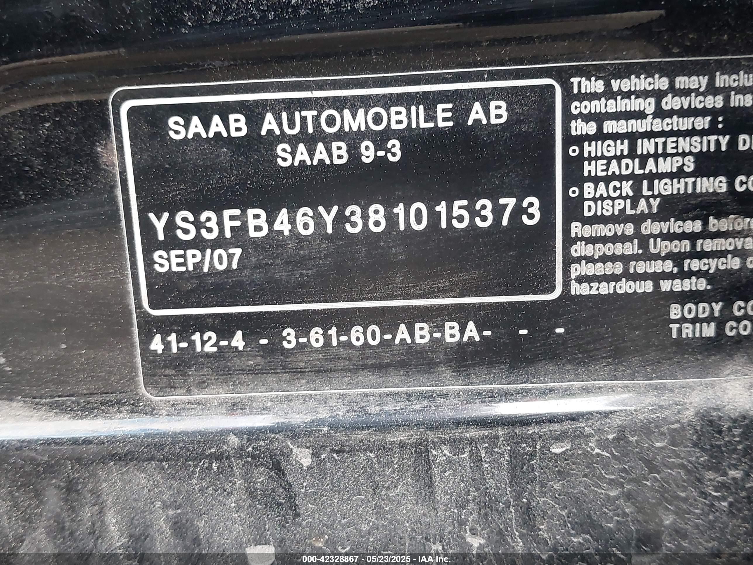 2008 Saab 9-3 2.0t Black vin: YS3FB46Y381015373