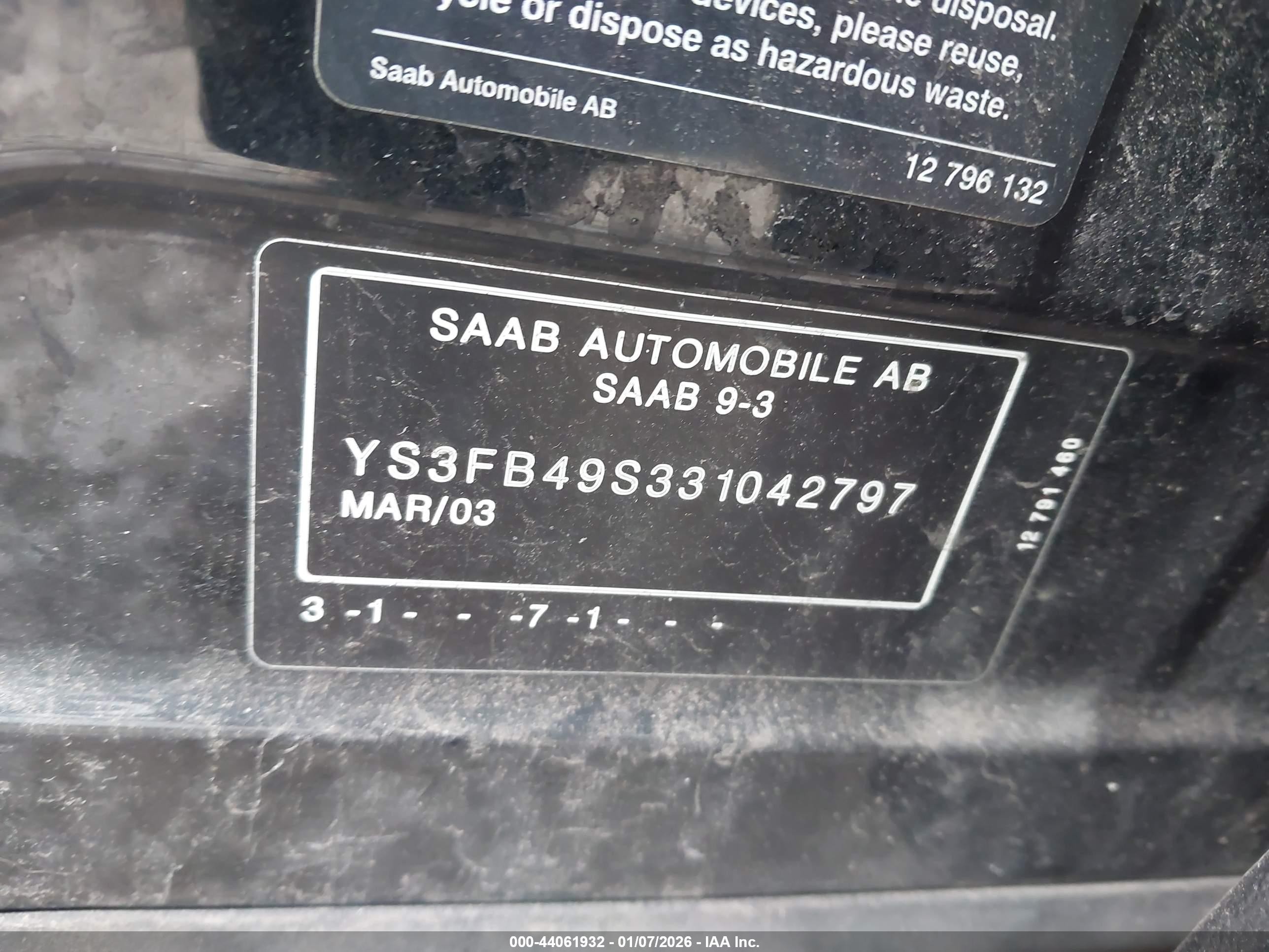 2003 Saab 9-3   Black vin: YS3FB49S331042797