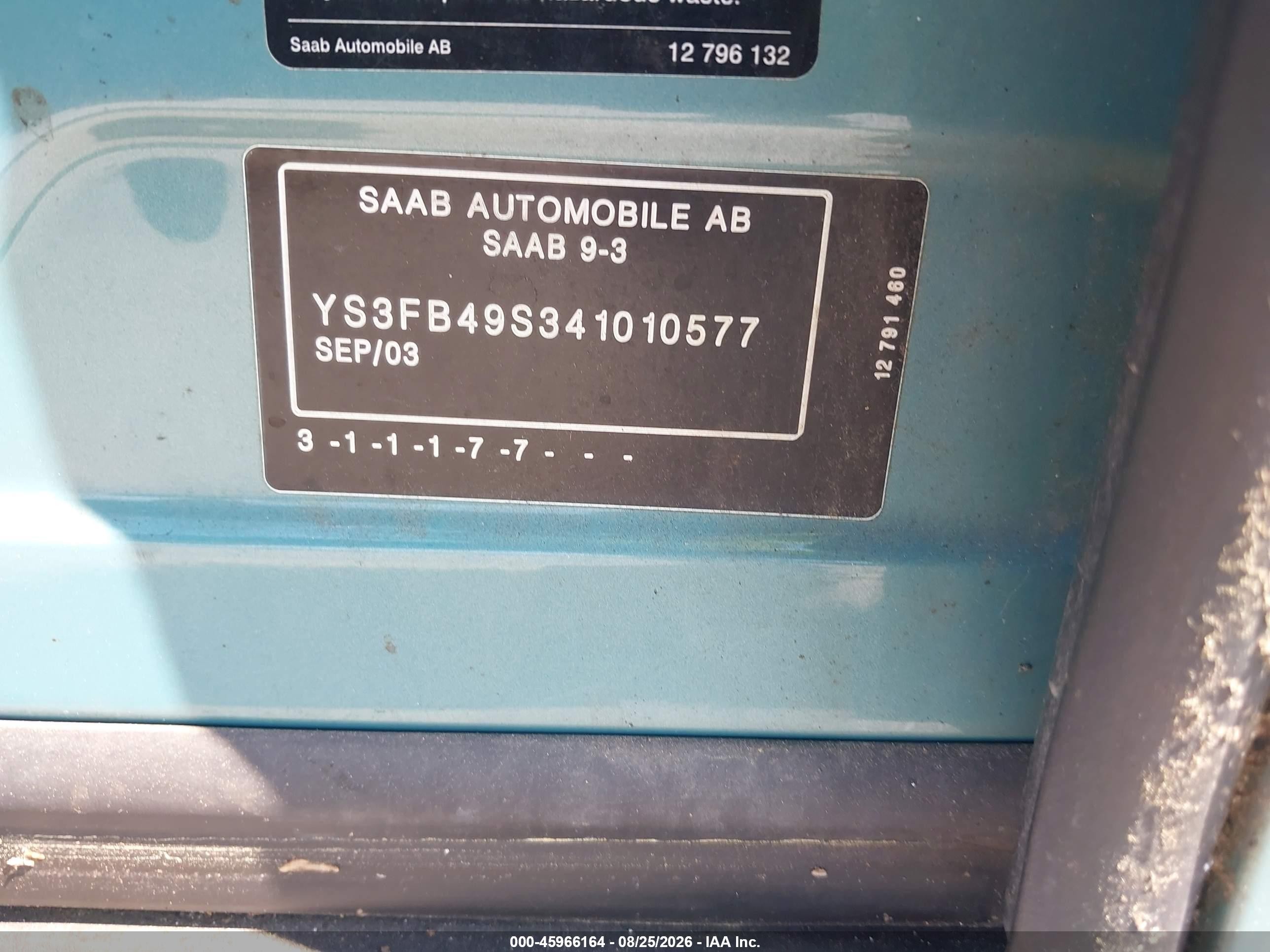 2004 Saab 9-3 Linear Teal vin: YS3FB49S341010577