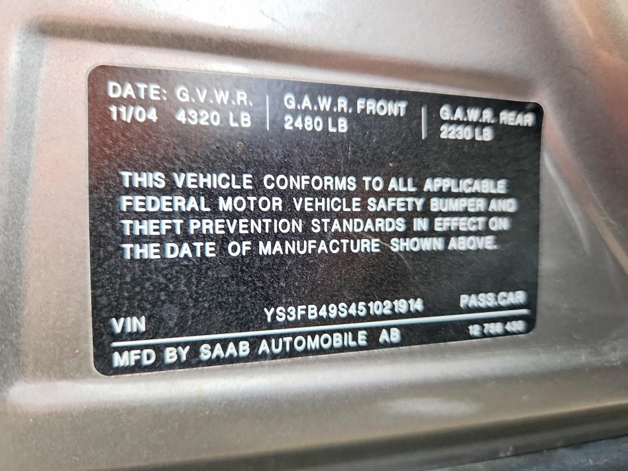 2005 Saab 9-3 Linear Black vin: YS3FB49S451021914