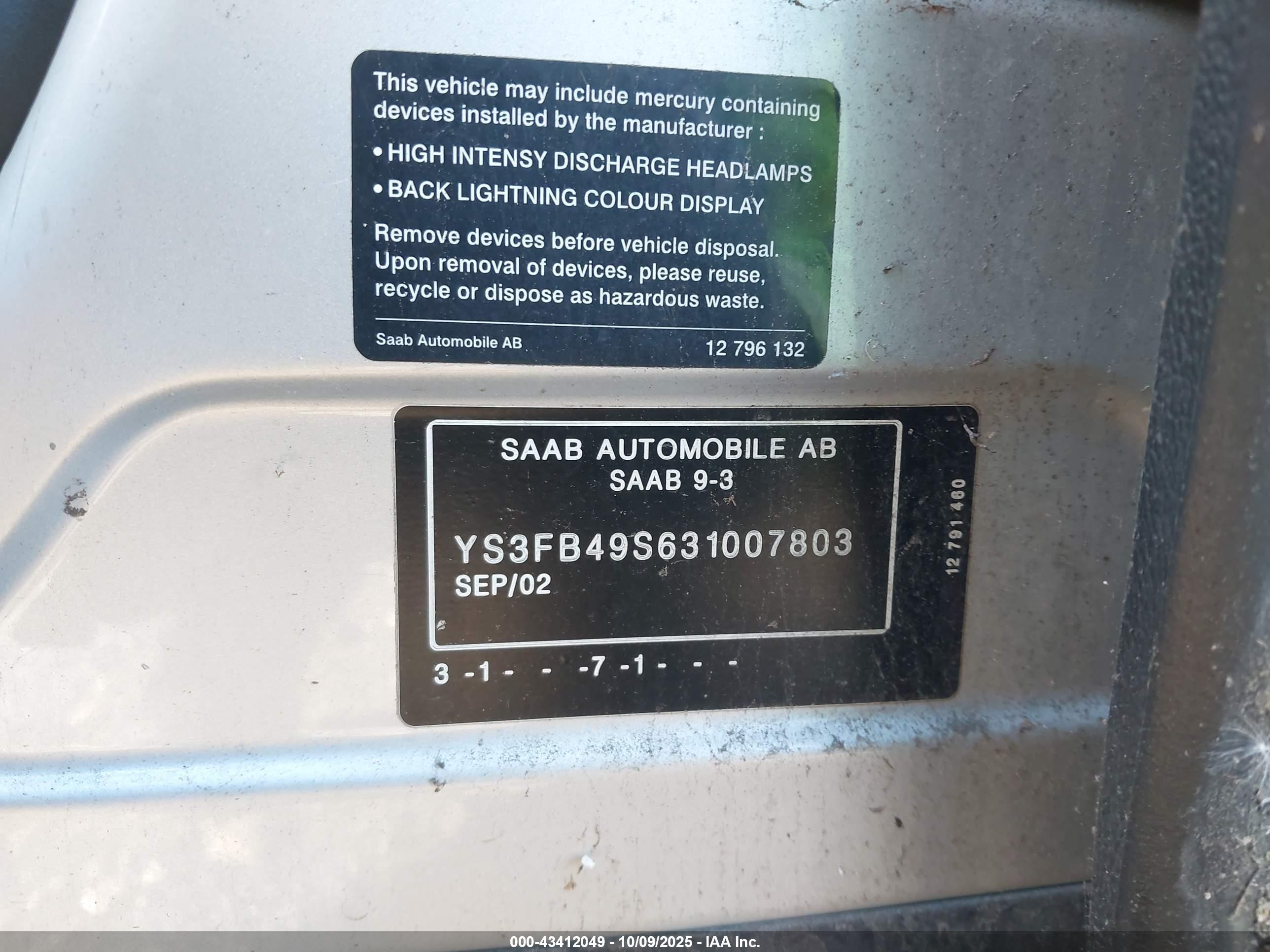 2003 Saab 9-3 Linear Серебряный vin: YS3FB49S631007803