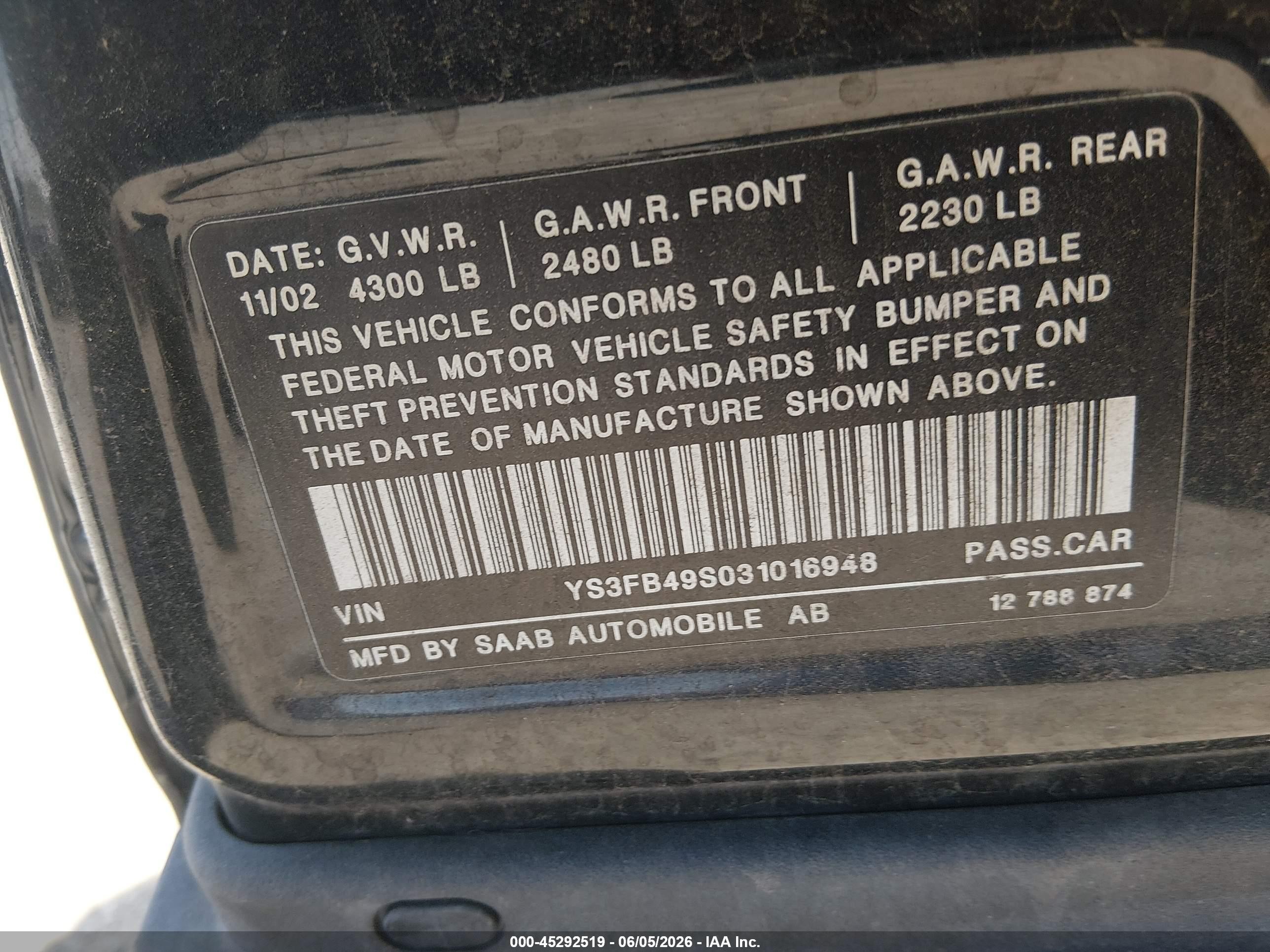 2003 Saab 9-3 Linear Черный vin: YS3FB49S631046925