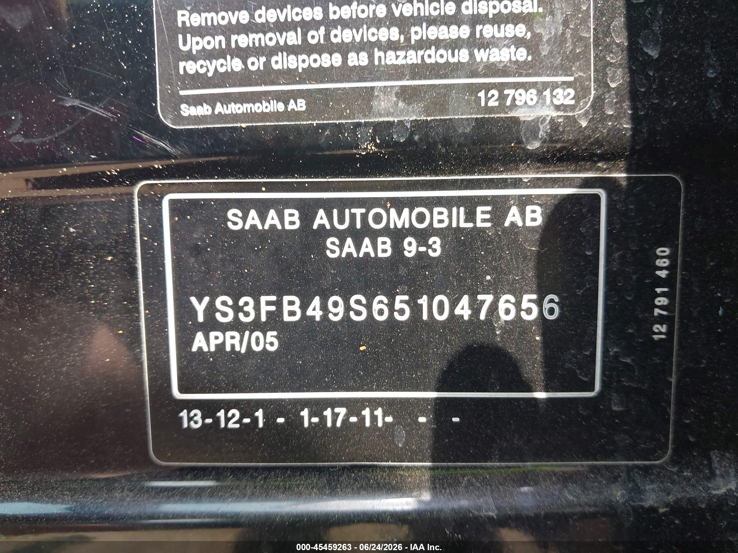 2005 Saab 9-3 Linear Black vin: YS3FB49S651047656