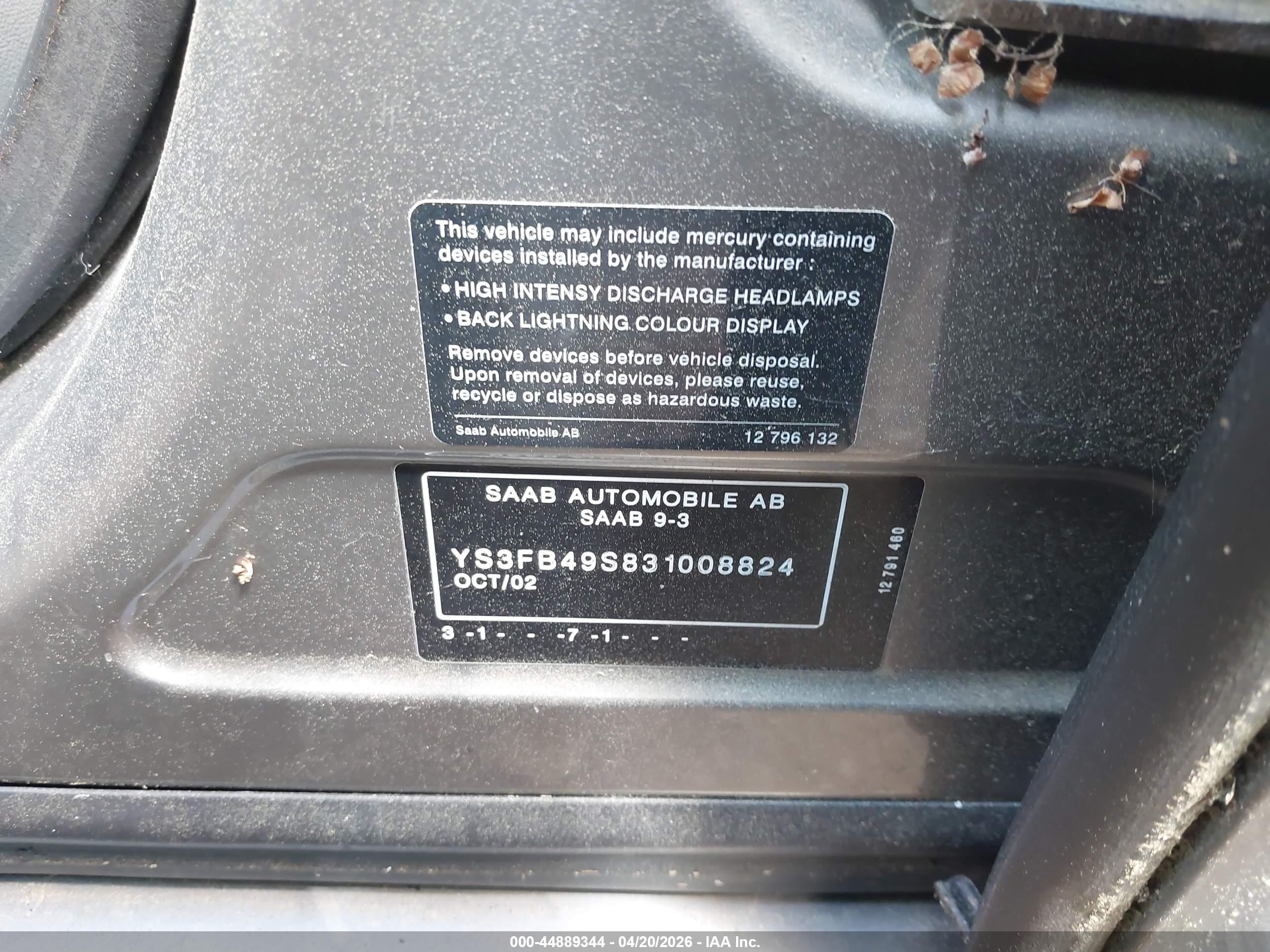 2003 Saab 9-3 Linear Gray vin: YS3FB49S831008824