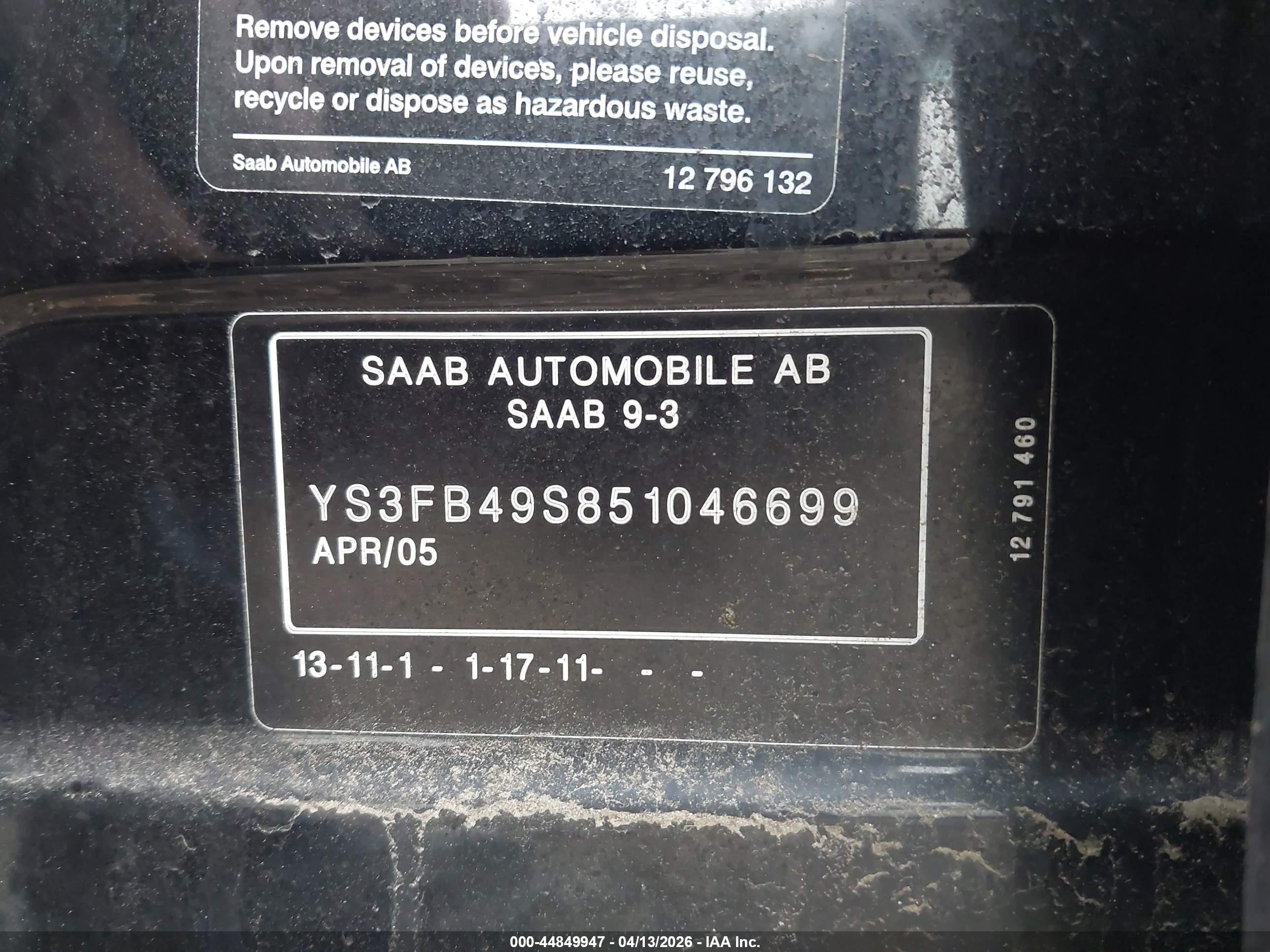 2005 Saab 9-3 Linear Black vin: YS3FB49S851046699