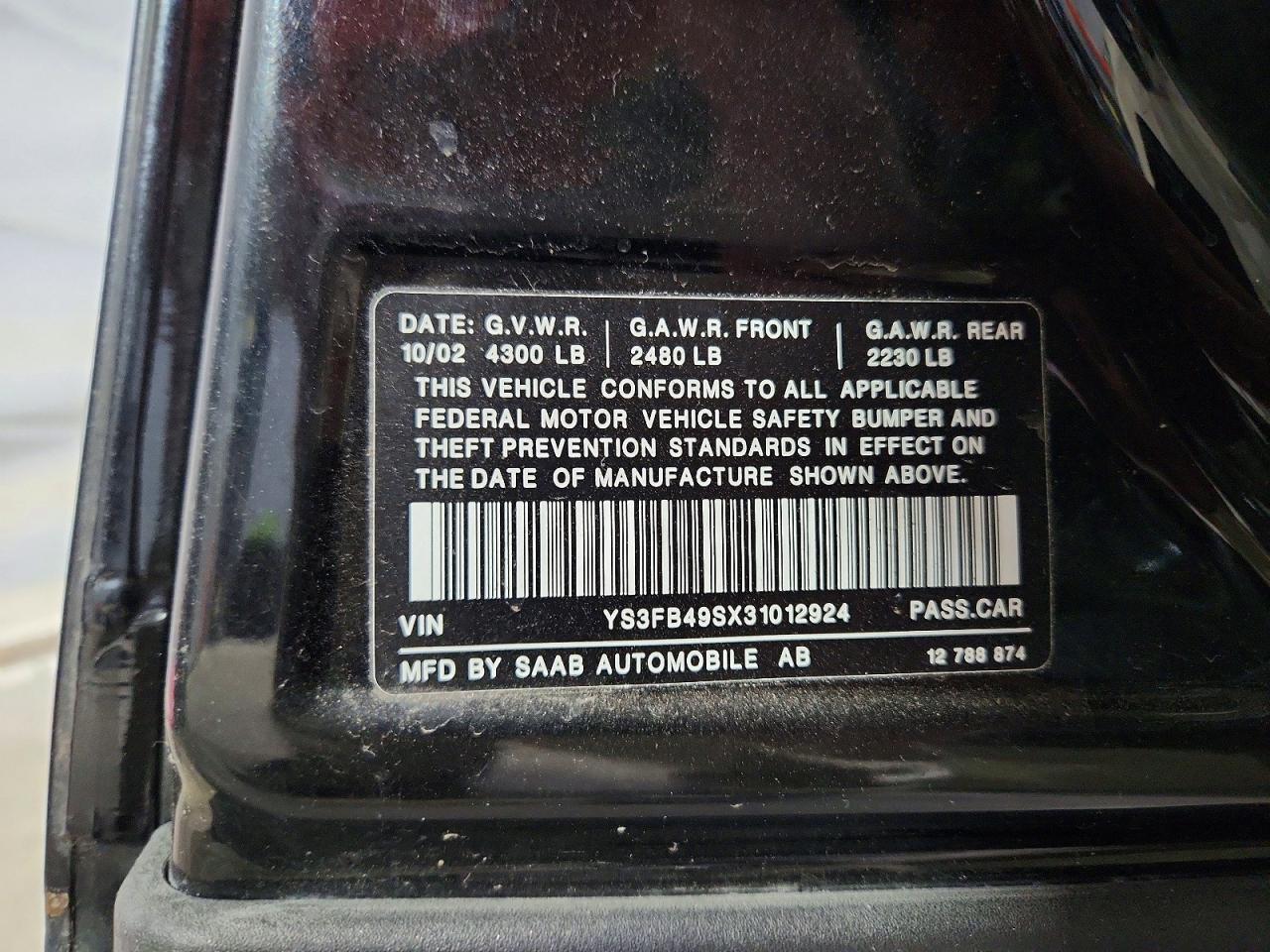 2003 Saab 9-3 Linear Black vin: YS3FB49SX31012924