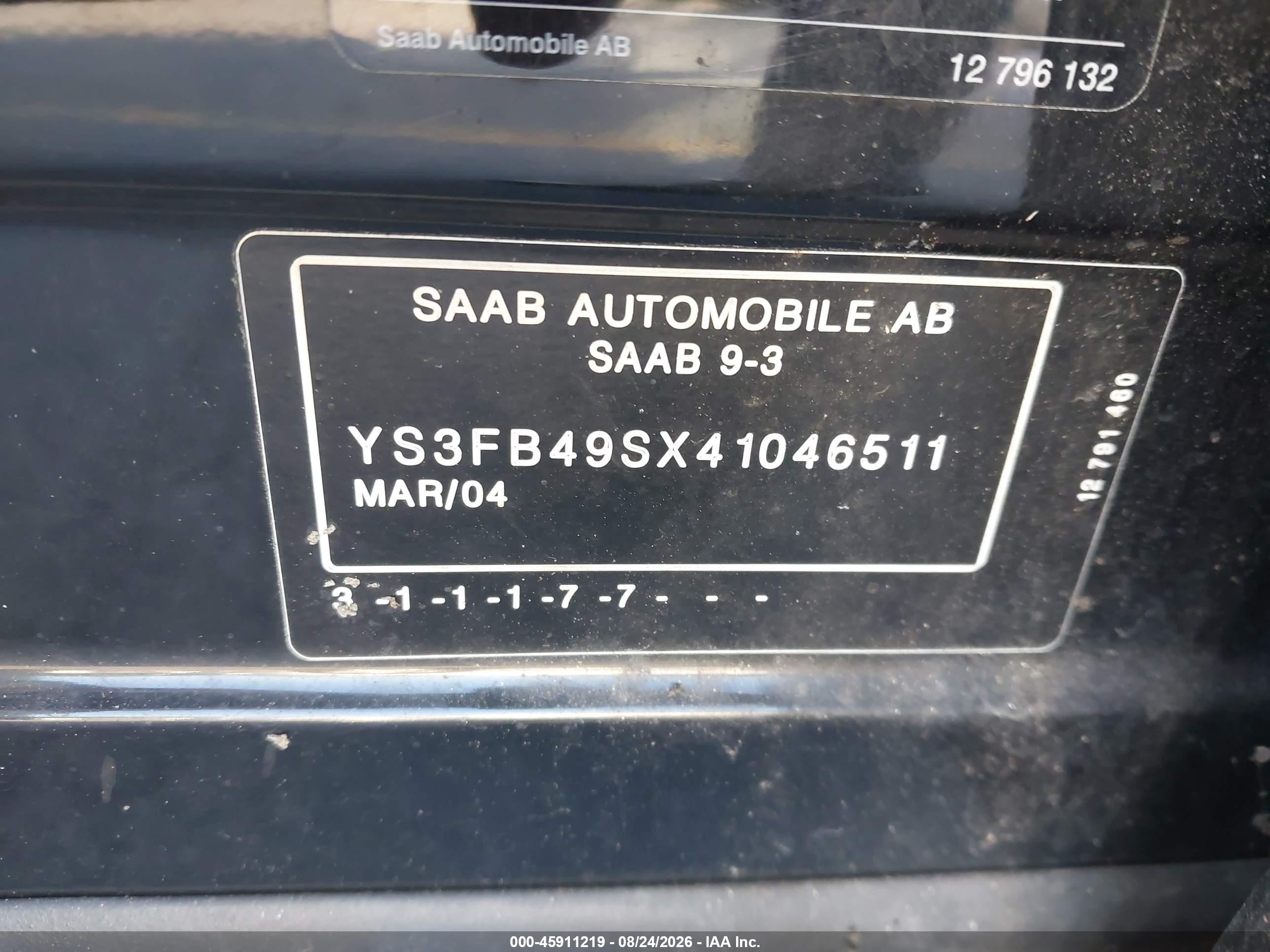 2004 Saab 9-3 Linear Black vin: YS3FB49SX41046511