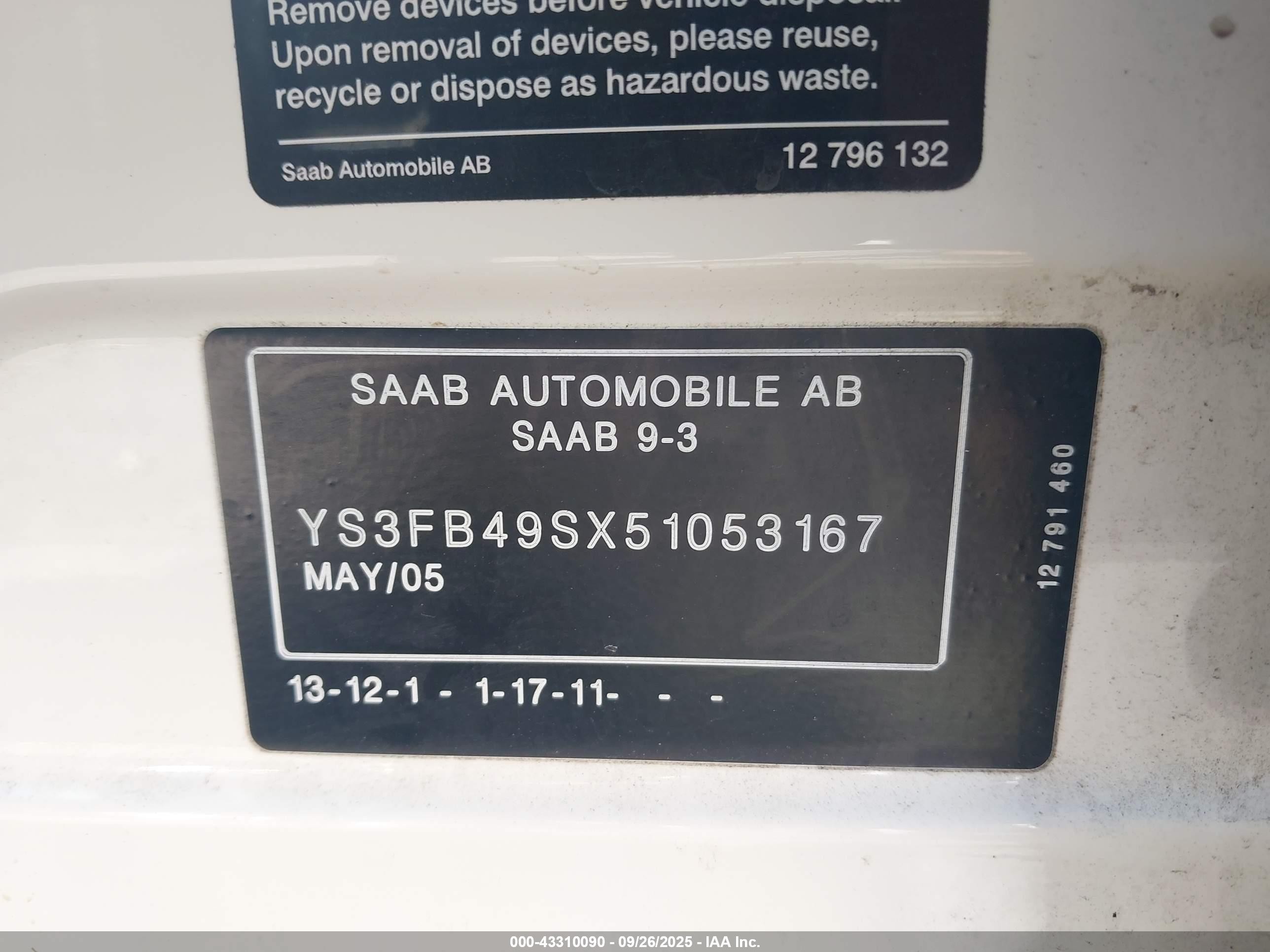 2005 Saab 9-3 Linear White vin: YS3FB49SX51053167