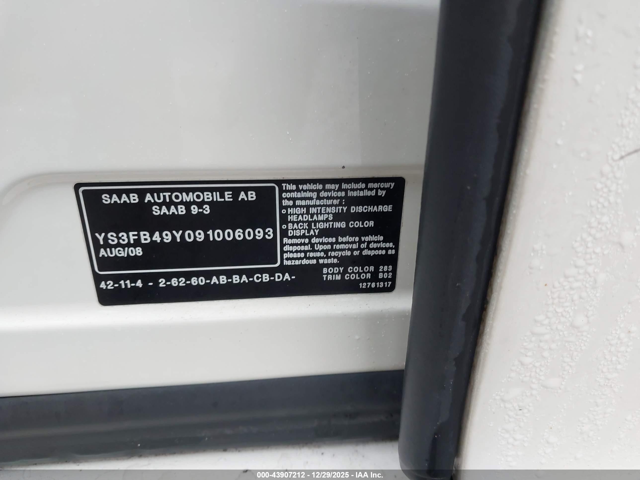 2009 Saab 9-3 2.0t White vin: YS3FB49Y091006093