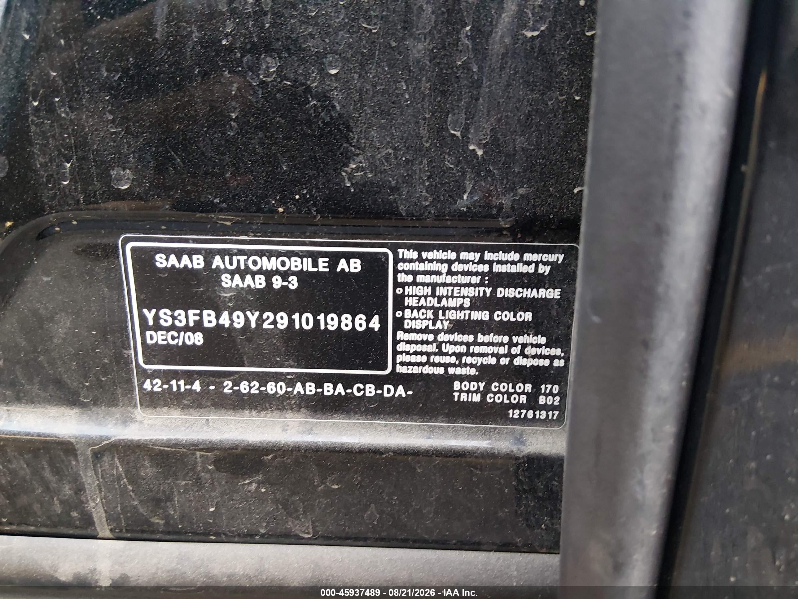 2009 Saab 9-3 2.0t Black vin: YS3FB49Y291019864