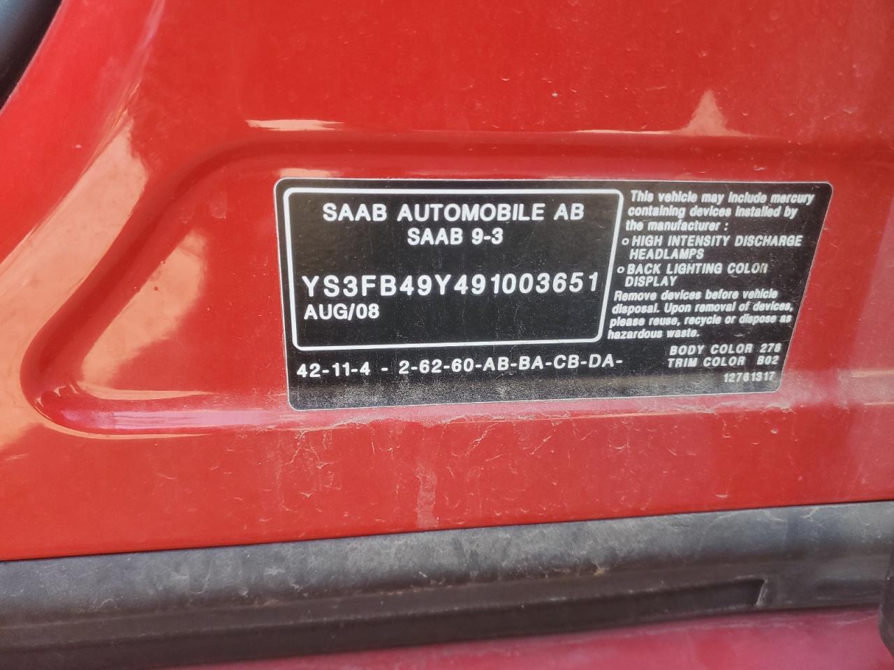 2009 Saab 9-3 2.0t Красный vin: YS3FB49Y491003651