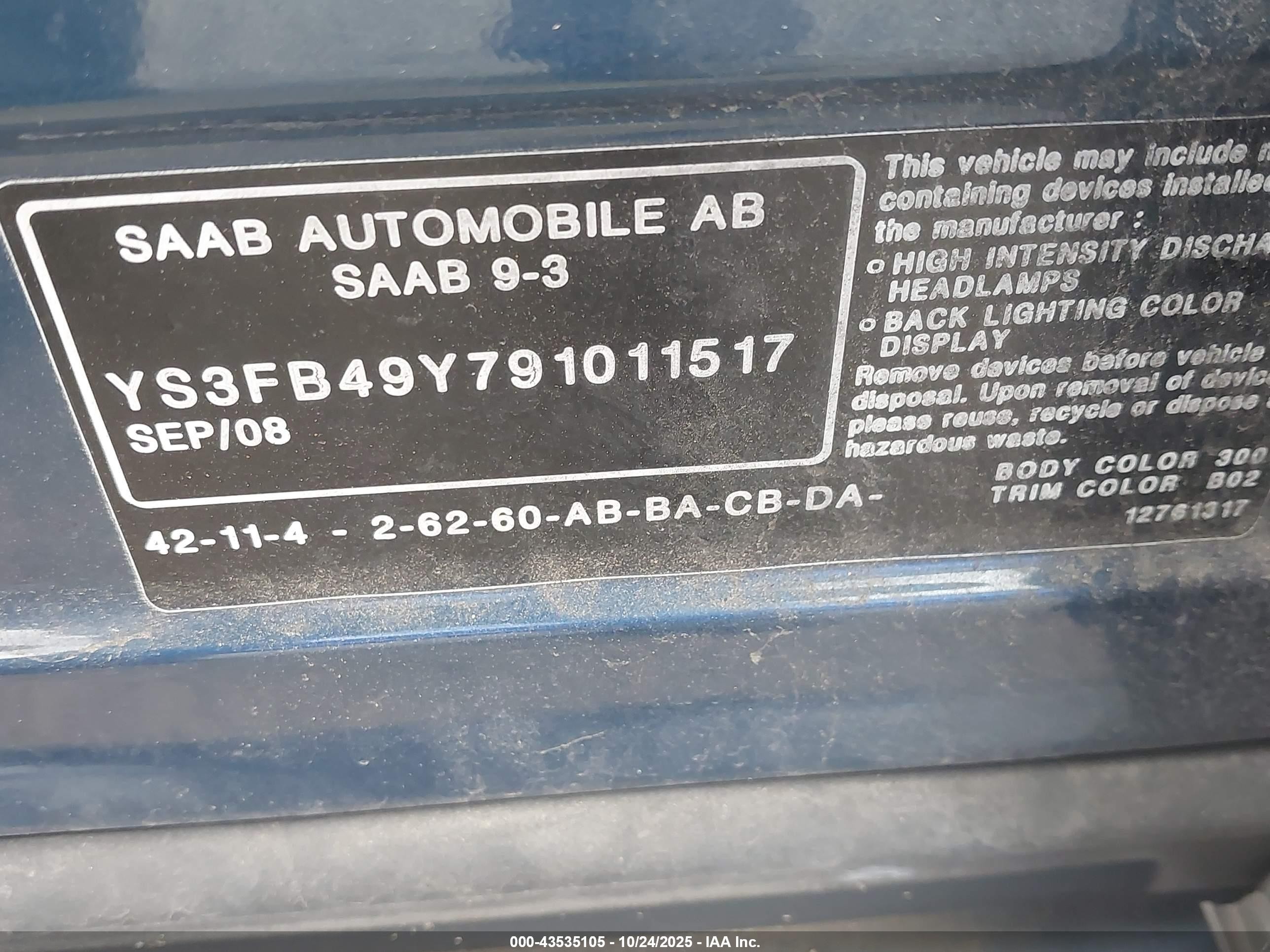 2009 Saab 9-3 2.0t Синий vin: YS3FB49Y791011517