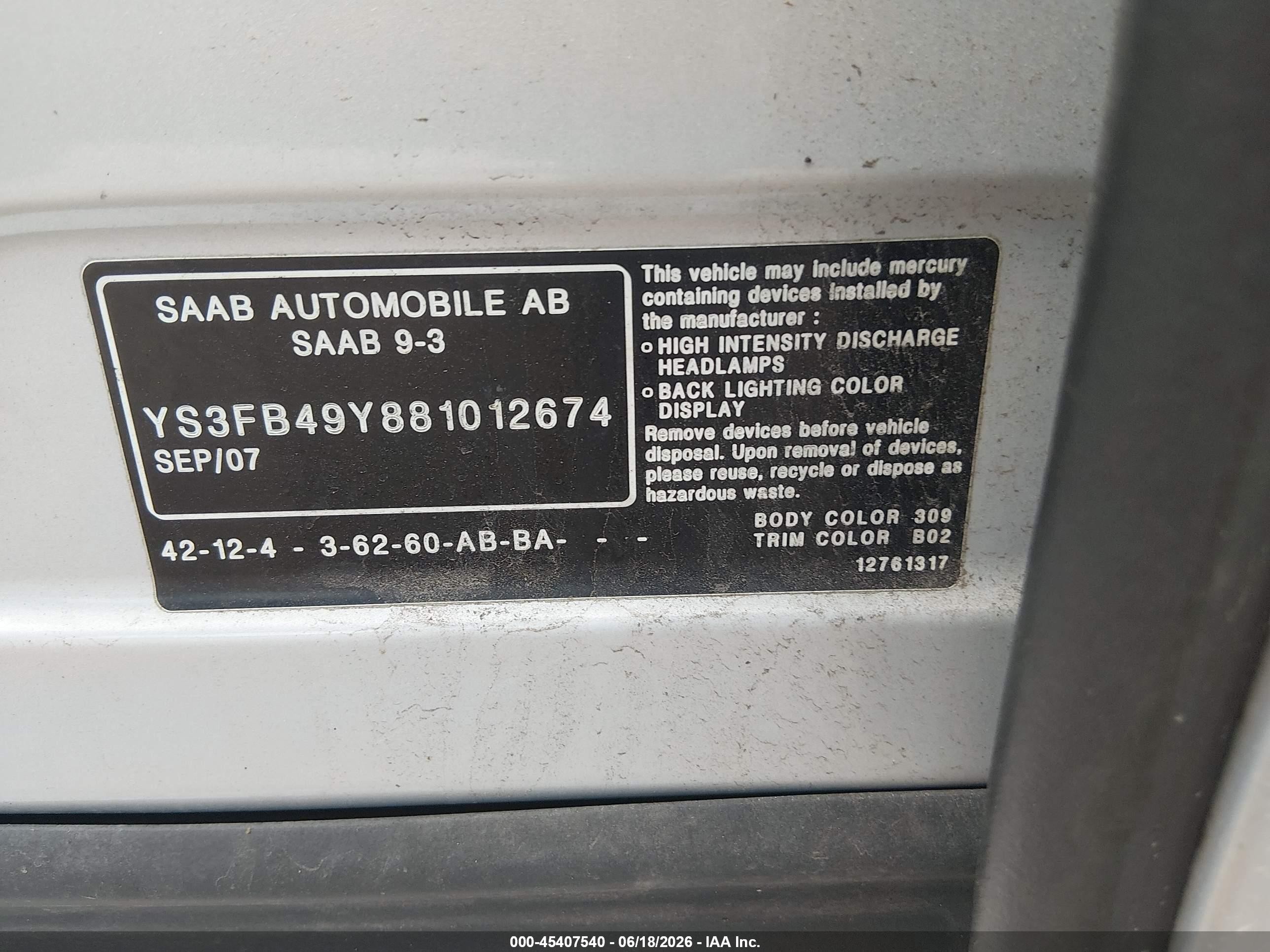 2008 Saab 9-3 2.0t Silver vin: YS3FB49Y881012674