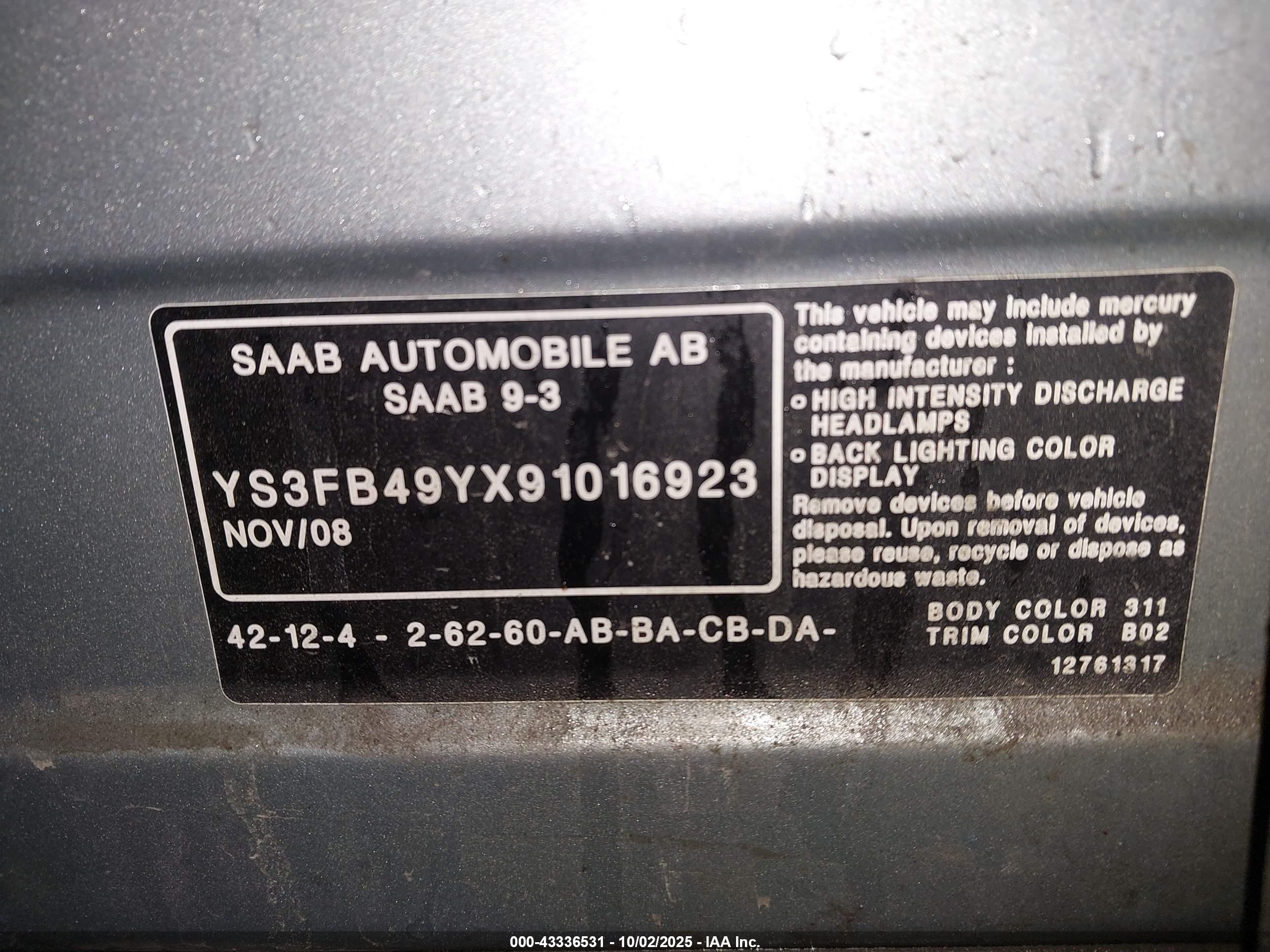 2009 Saab 9-3 2.0t Green vin: YS3FB49YX91016923