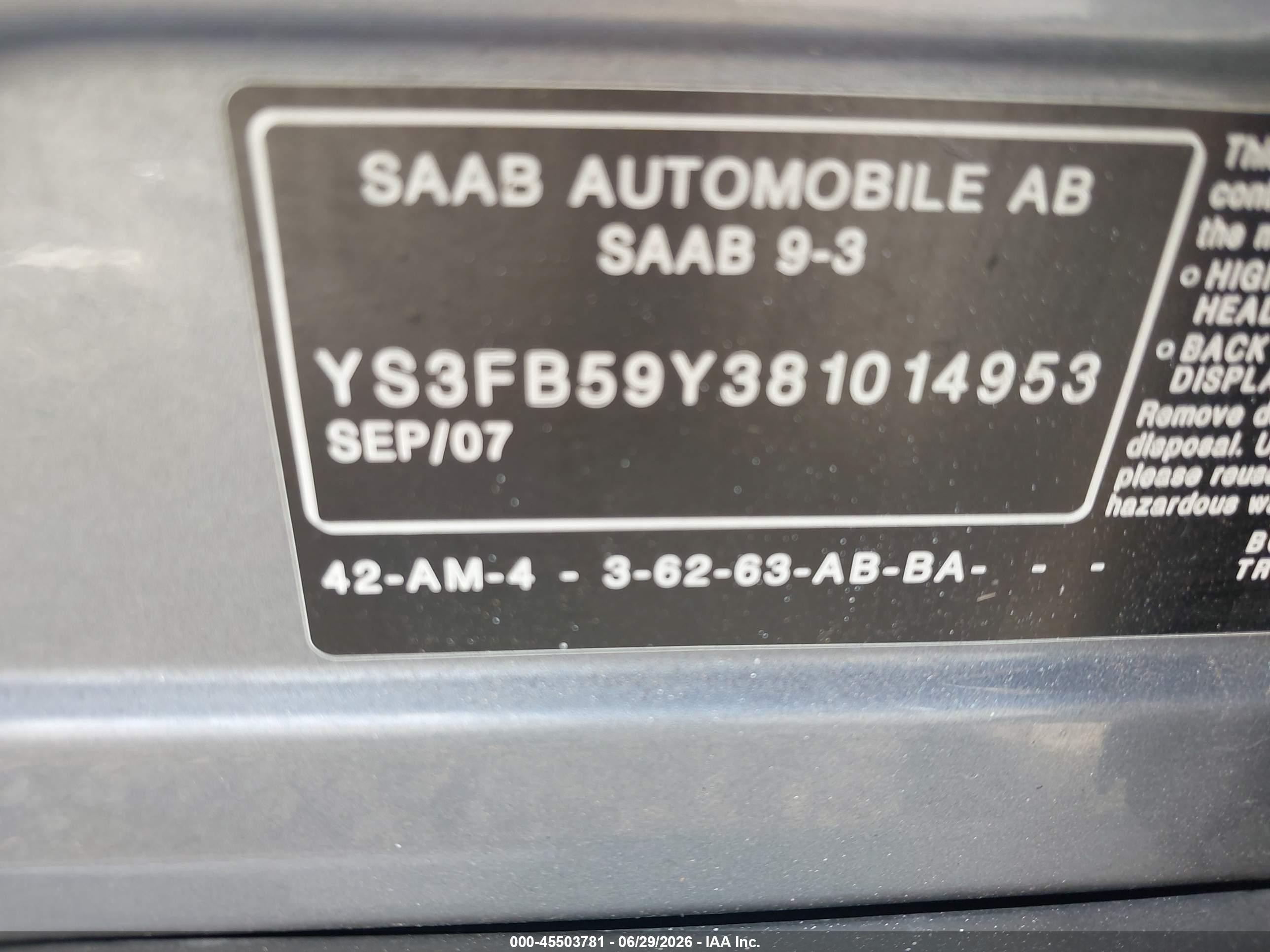 2008 Saab 9-3 Sportcombi Gray vin: YS3FB59Y381014953