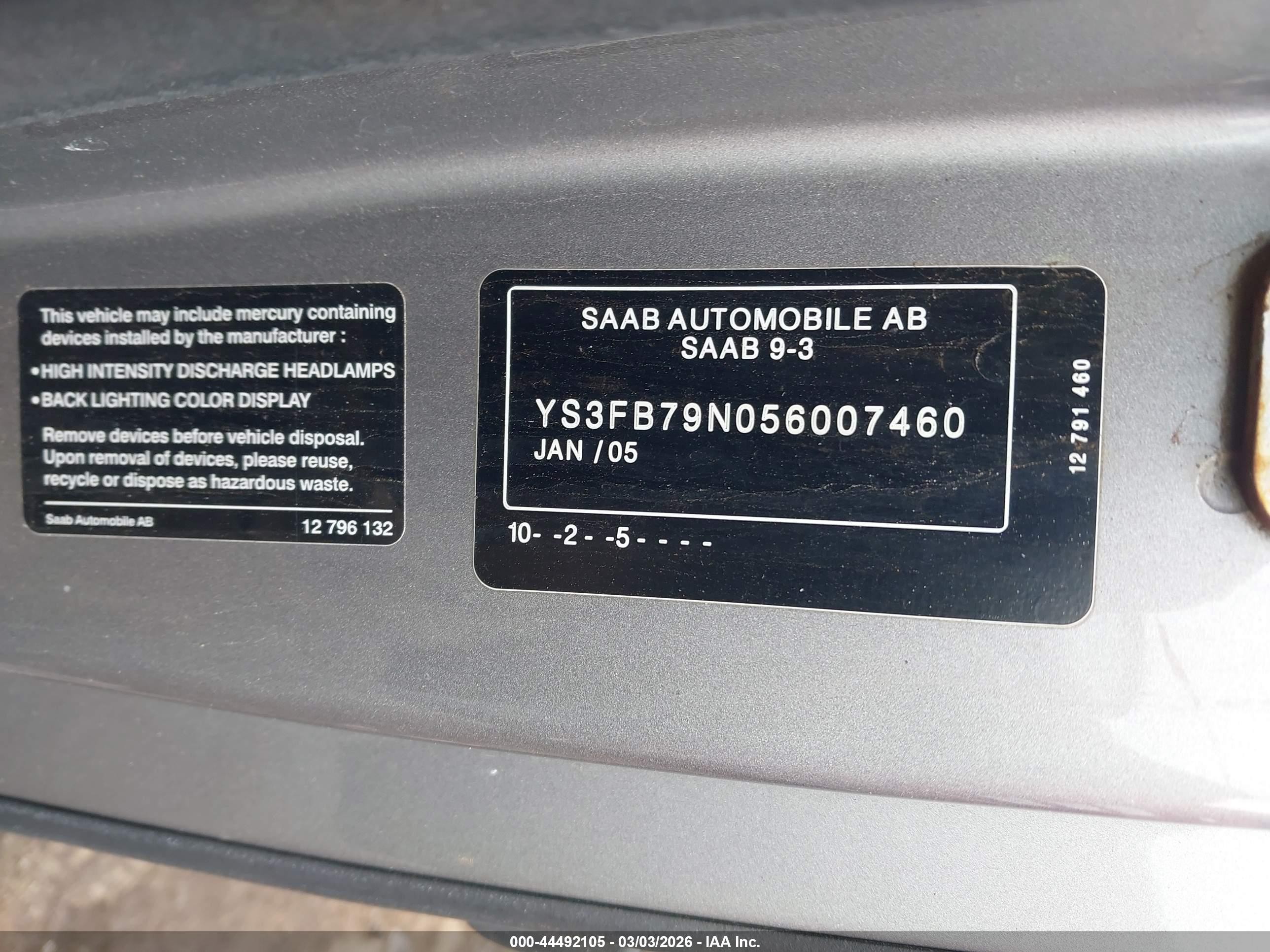 2005 Saab 9-3 Linear Gray vin: YS3FB79N056007460