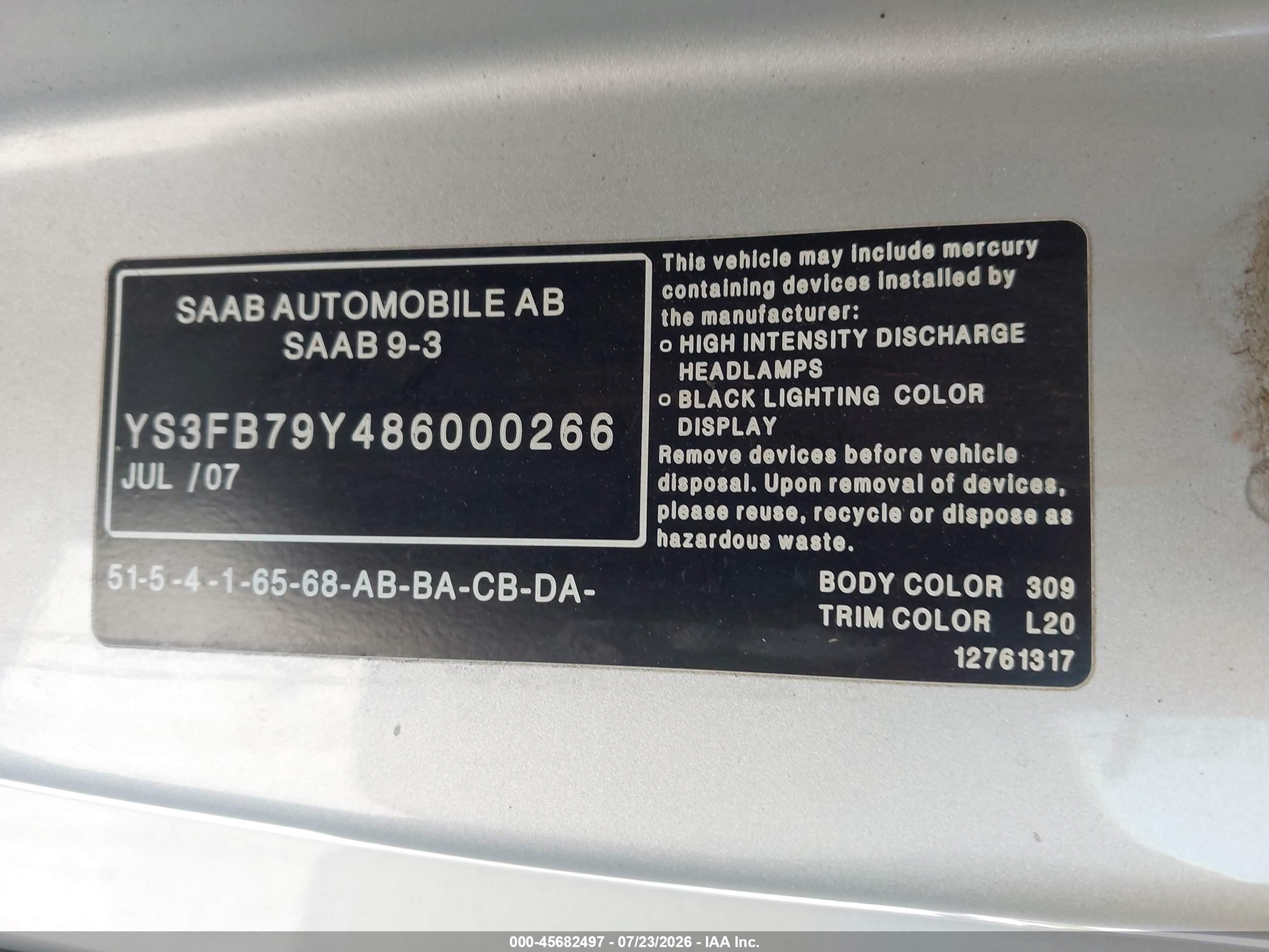 2008 Saab 9-3 2.0t Silver vin: YS3FB79Y486000266