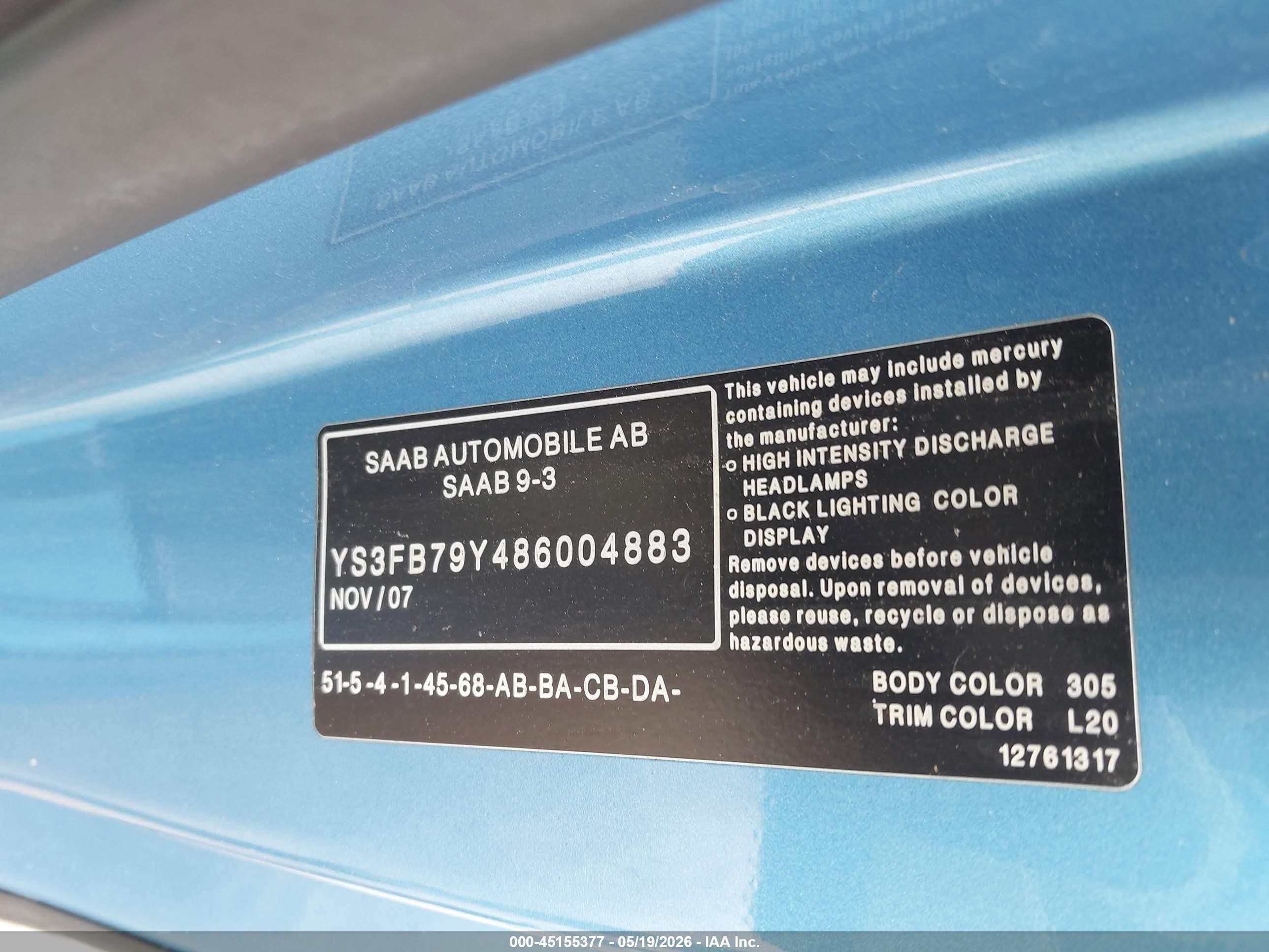 2008 Saab 9-3 2.0t Blue vin: YS3FB79Y486004883