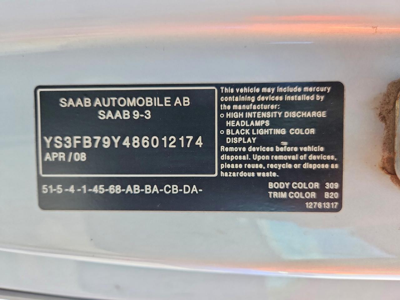 2008 Saab 9-3 2.0t Silver vin: YS3FB79Y486012174