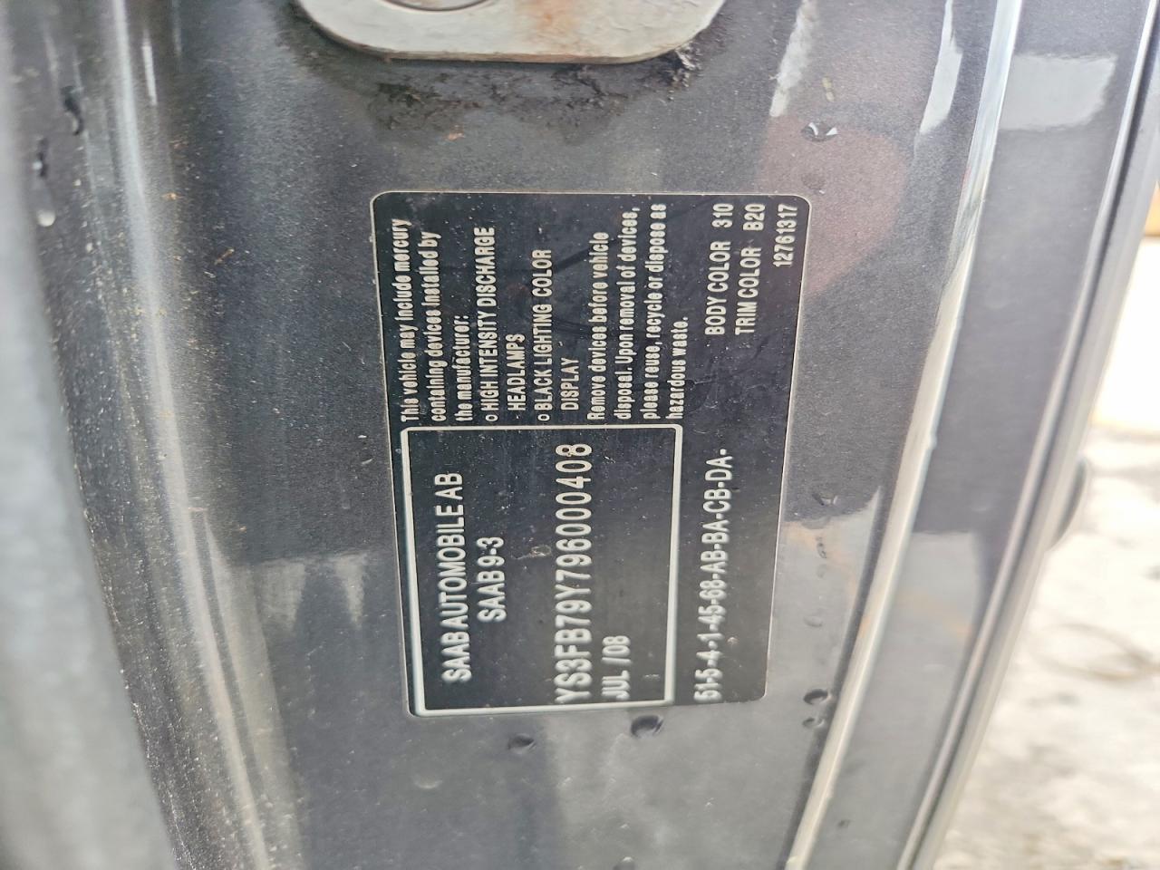 2009 Saab 9-3 2.0t Черный vin: YS3FB79Y796000408
