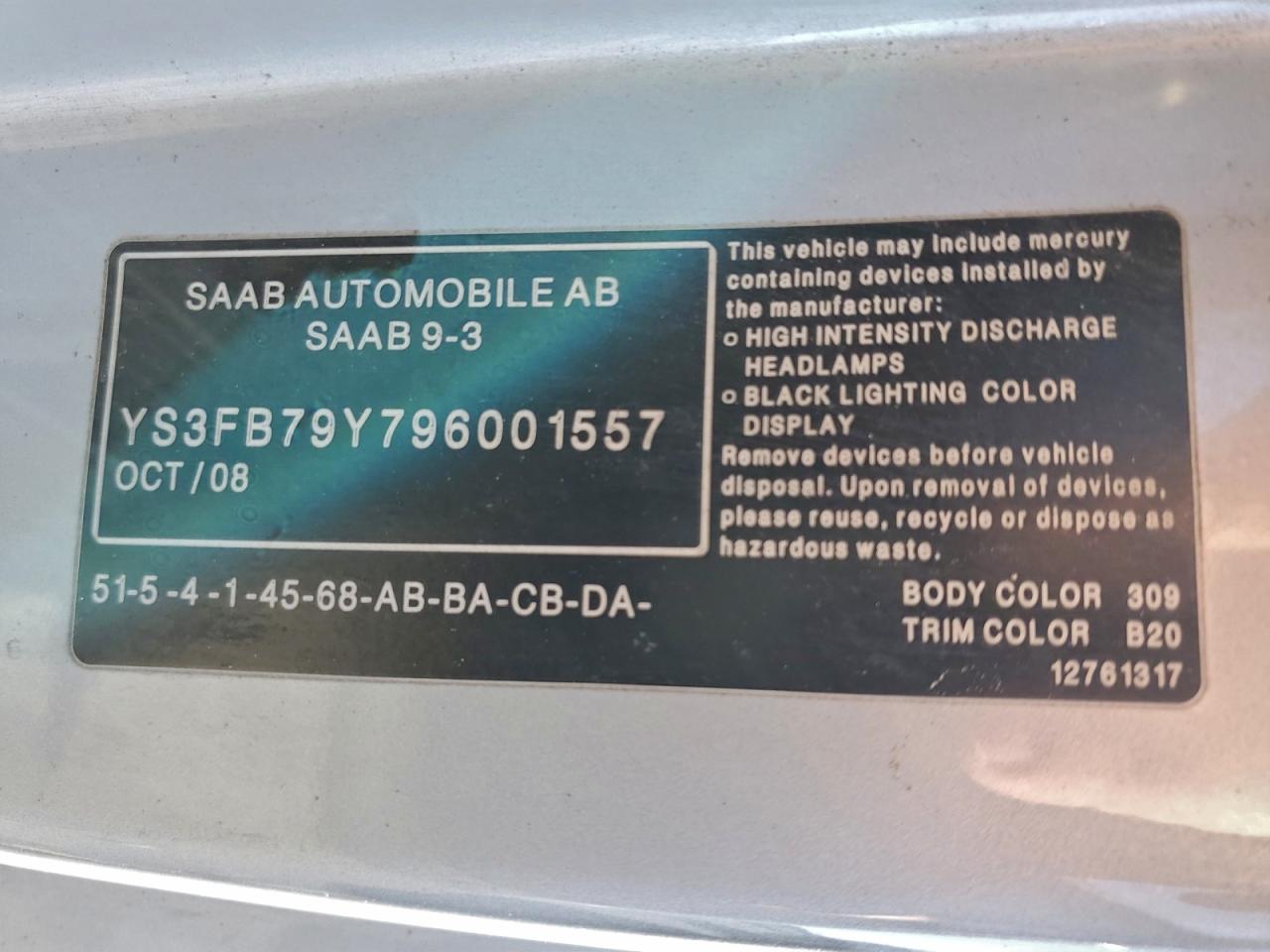 2009 Saab 9-3 2.0t Серебряный vin: YS3FB79Y796001557