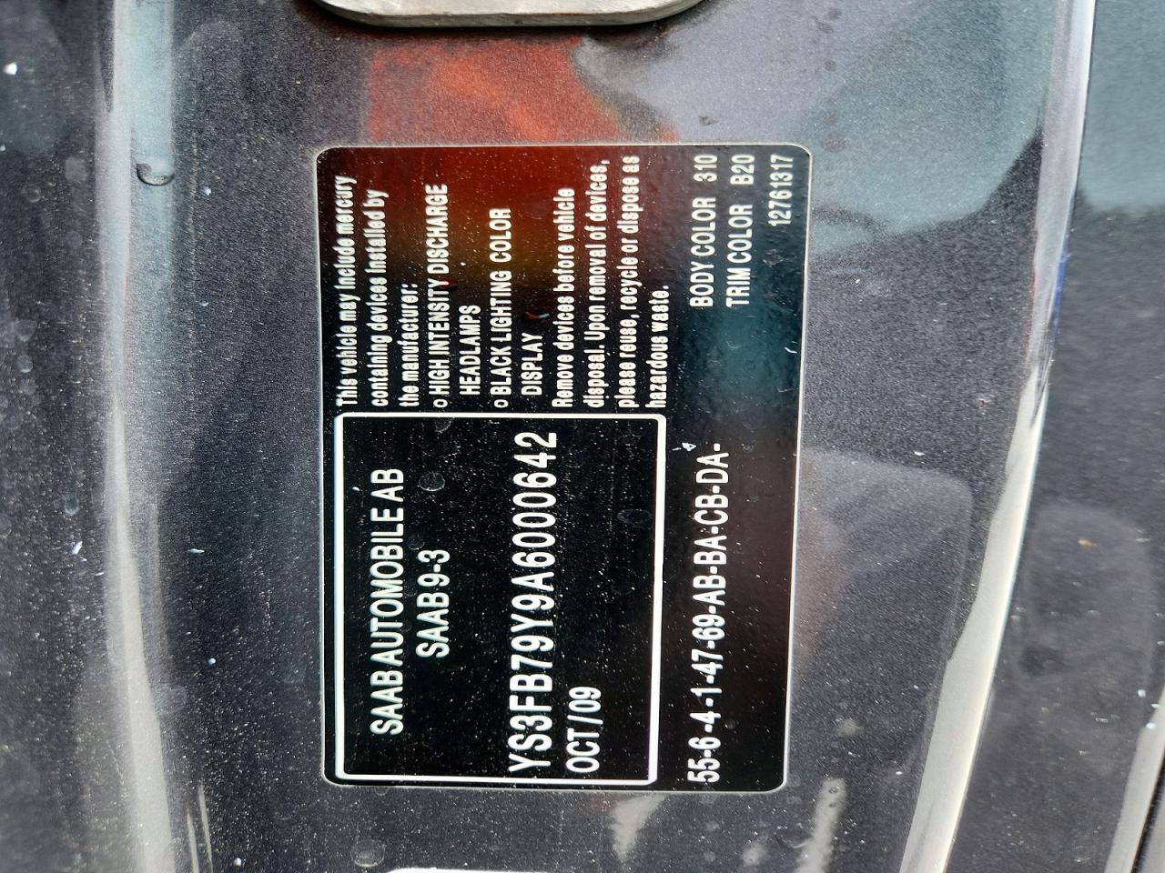 2010 Saab 9-3 2.0t Charcoal vin: YS3FB79Y9A6000642