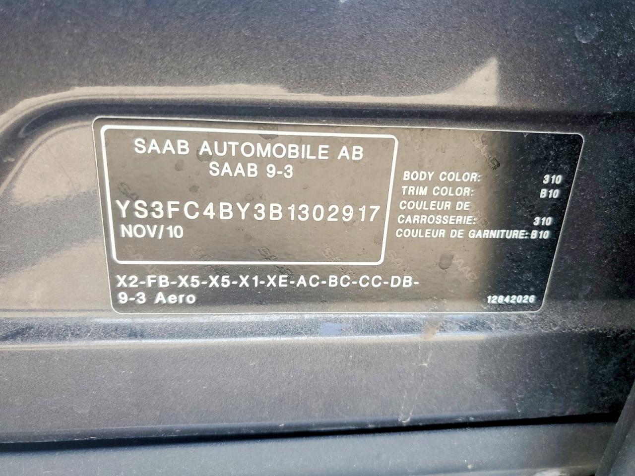 2011 Saab 9-3 Aero Black vin: YS3FC4BY3B1302917