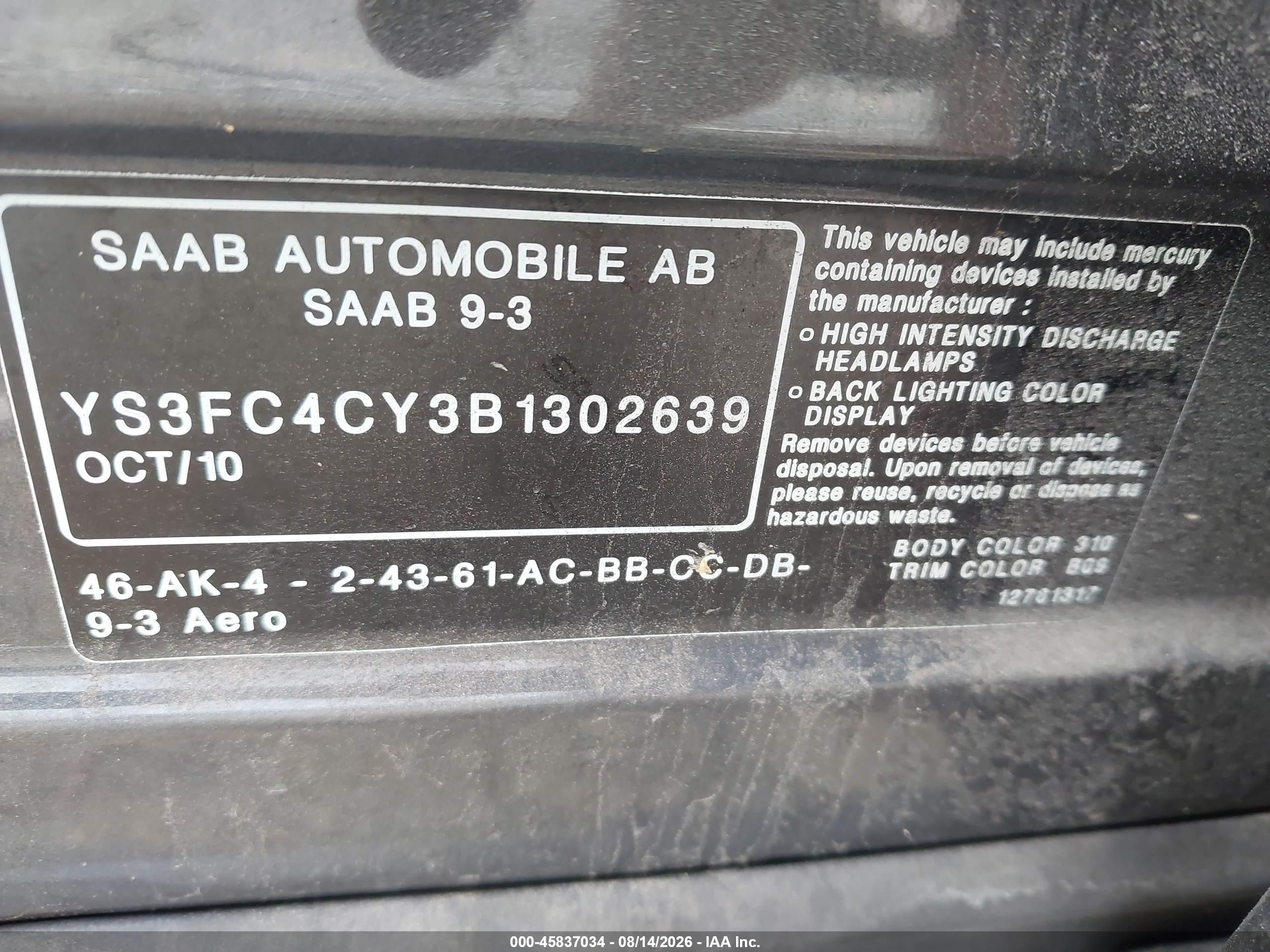 2011 Saab 9-3 Aero Gray vin: YS3FC4CY3B1302639