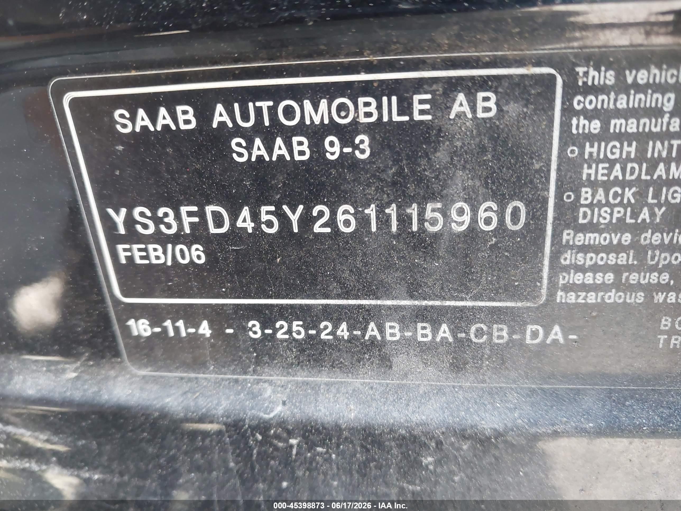 2006 Saab 9-3 2.0t Black vin: YS3FD45Y261115960
